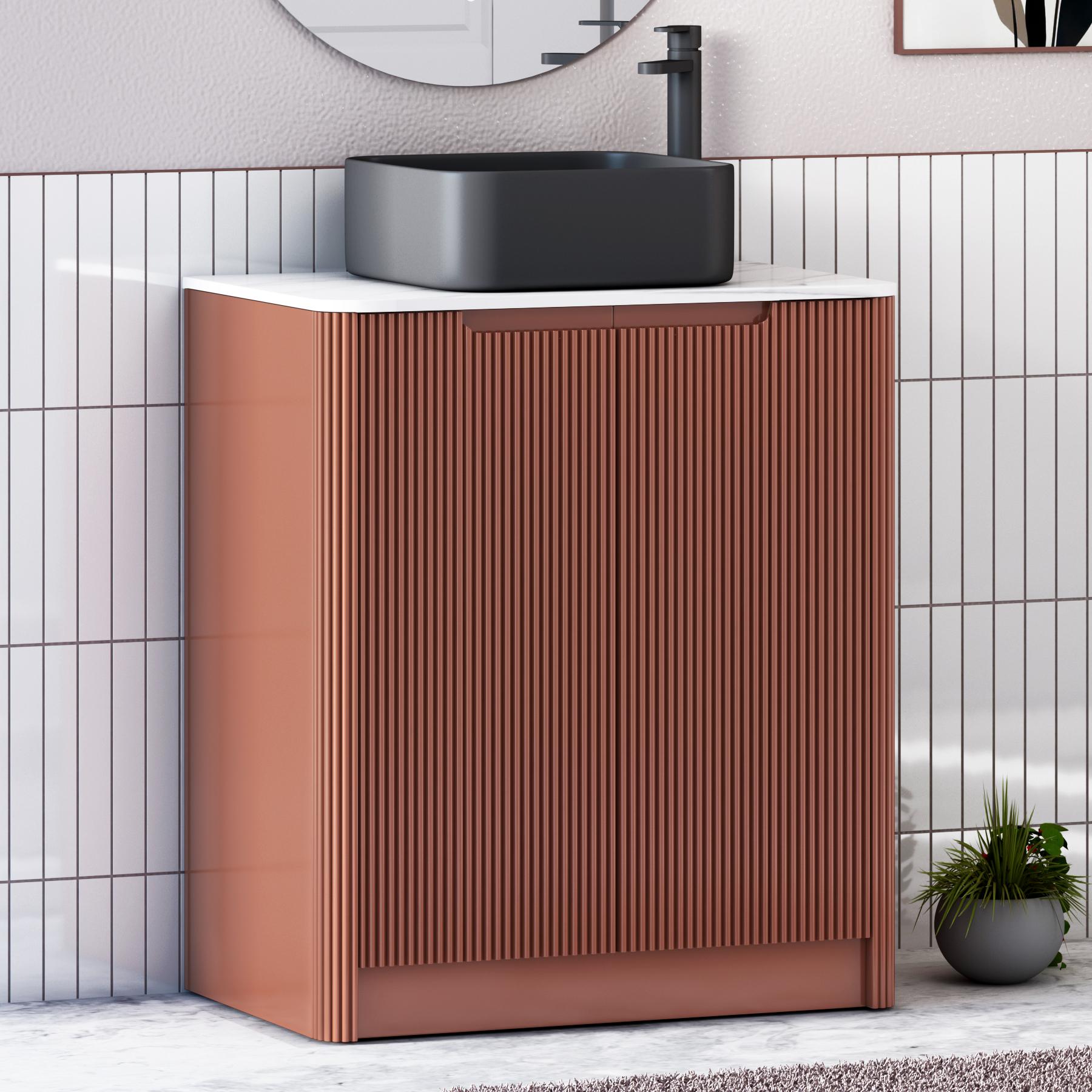 Avenza Terracotta Clay 2 Door Floor Standing Vanity Unit with Carrara White Undrilled Worktop & Various Countertop Basins