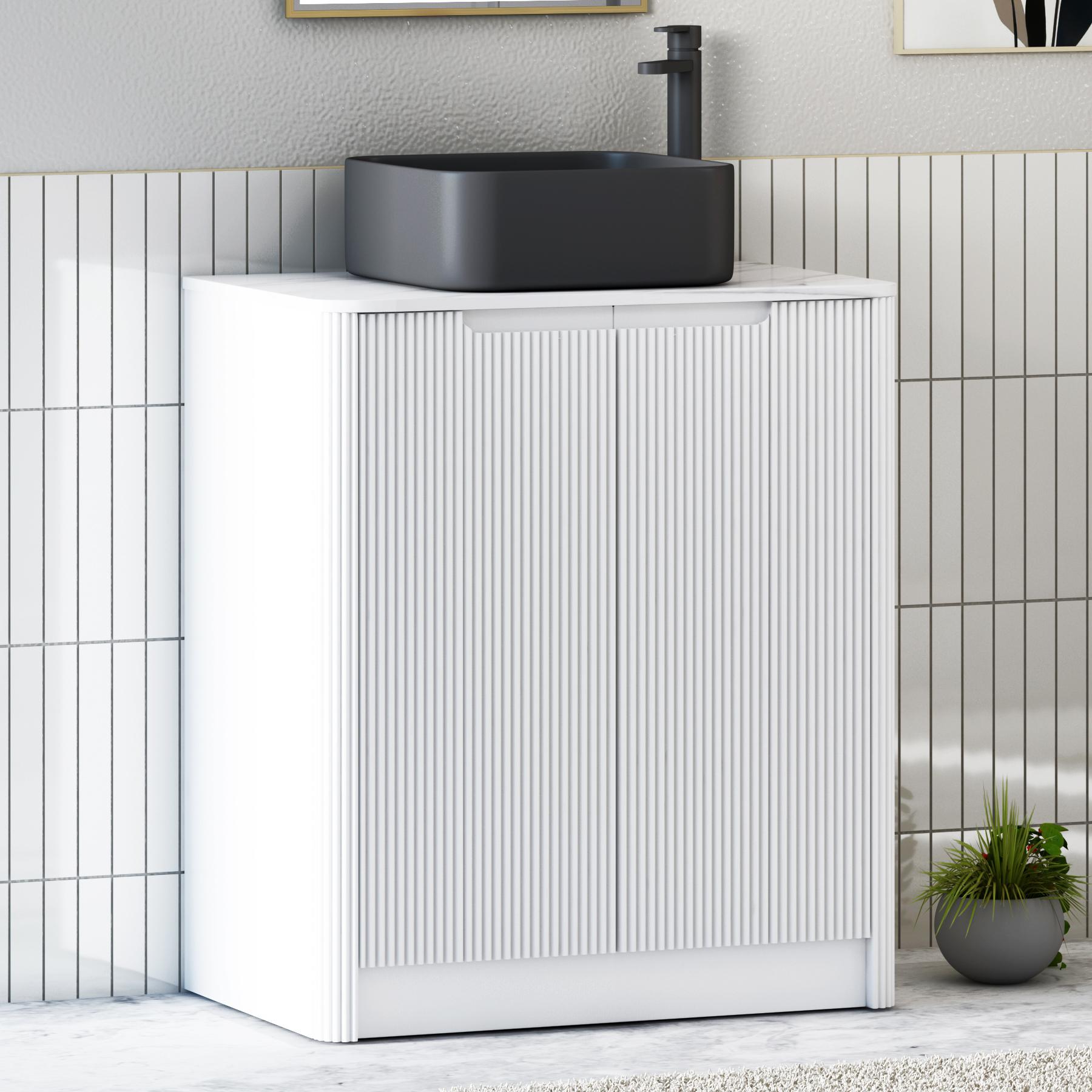 Avenza Matt White 2 Door Floor Standing Vanity Unit with Carrara White Undrilled Worktop & Various Countertop Basins