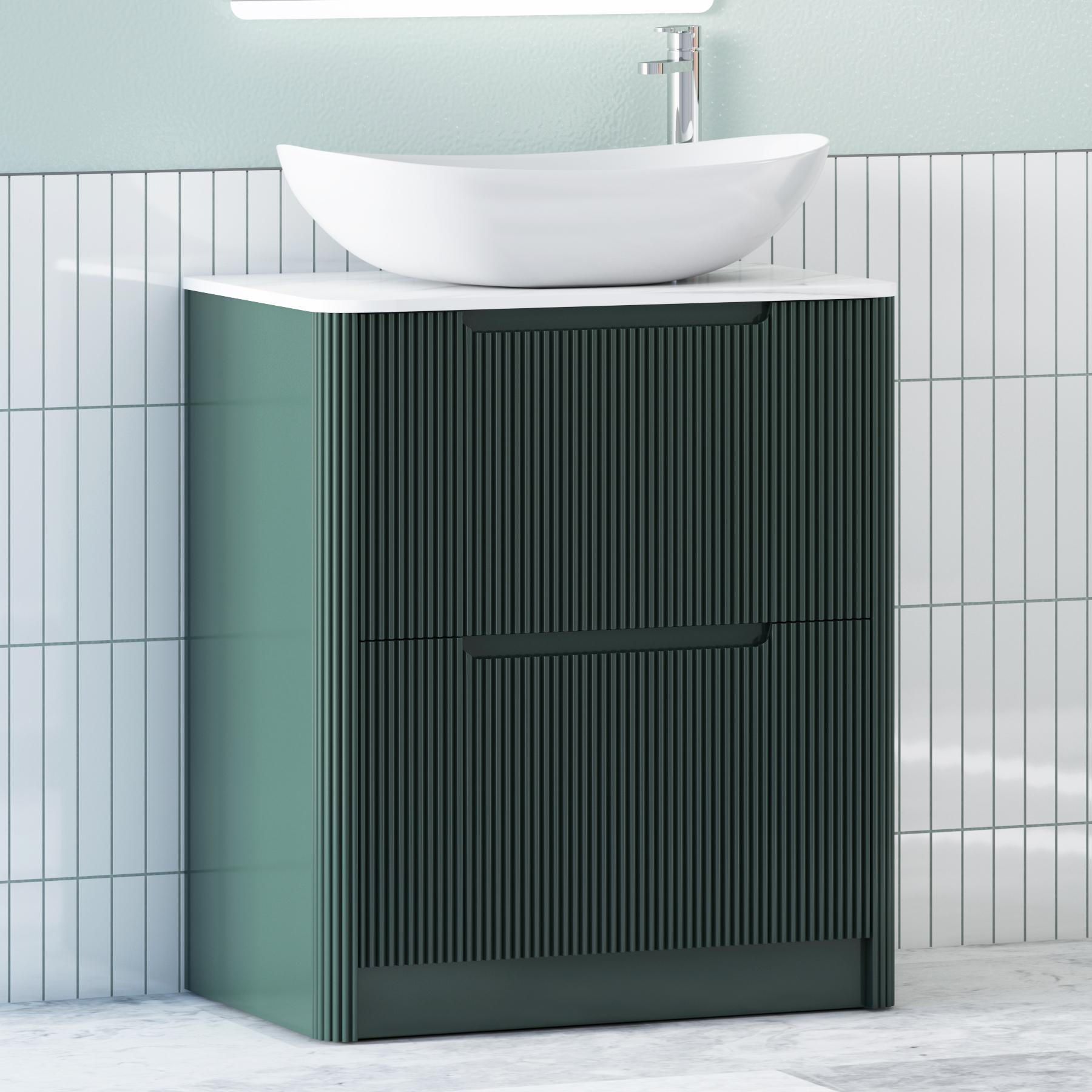 Avenza Deep Moss Green 2 Drawer Floor Standing Vanity Unit with Carrara White Undrilled Worktop & Various Countertop Basins