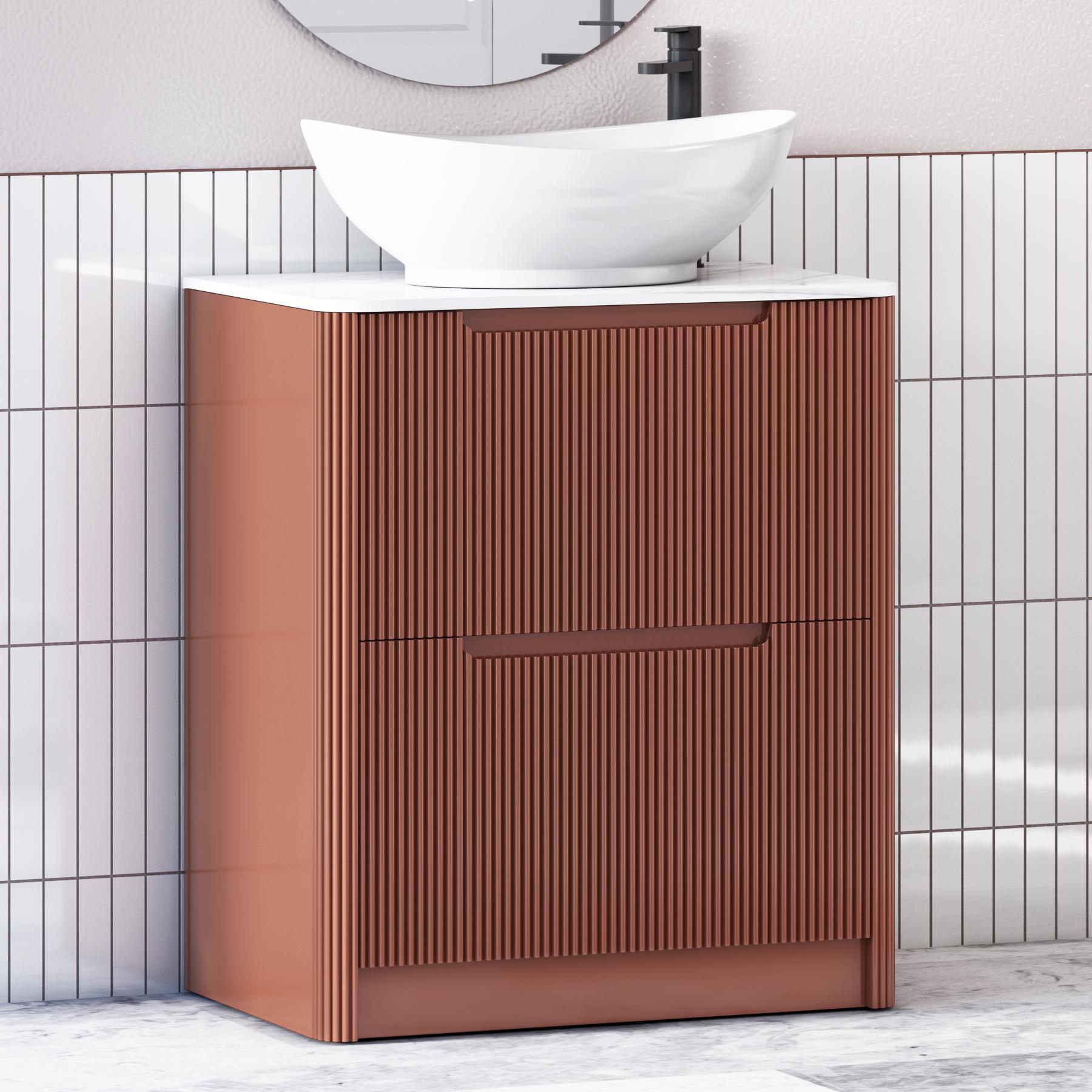 Avenza Terracotta Clay 2 Drawer Floor Standing Vanity Unit with Carrara White Undrilled Worktop & Various Countertop Basins