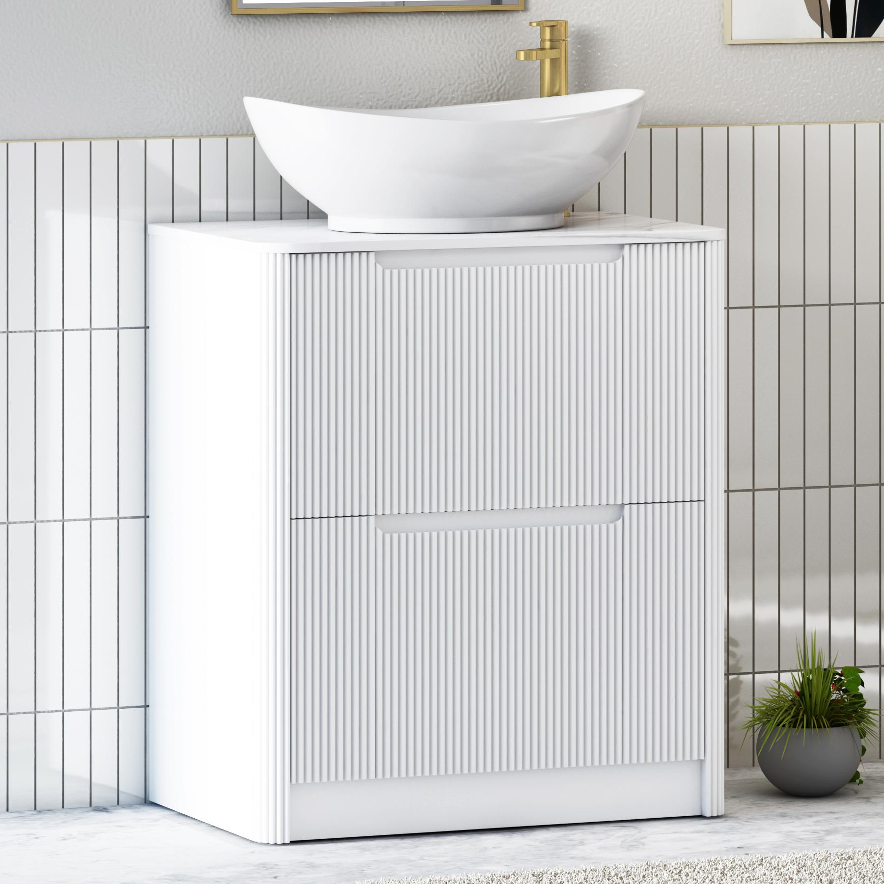 Avenza Matt White 2 Drawer Floor Standing Vanity Unit with Carrara White Undrilled Worktop & Various Countertop Basins