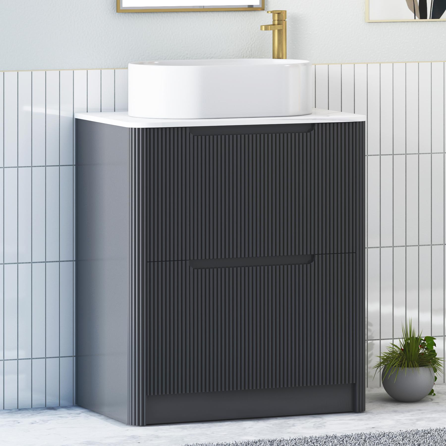 Avenza Matt Obsidian Black 2 Drawer Floor Standing Vanity Unit with Carrara White Undrilled Worktop & Various Countertop Basins