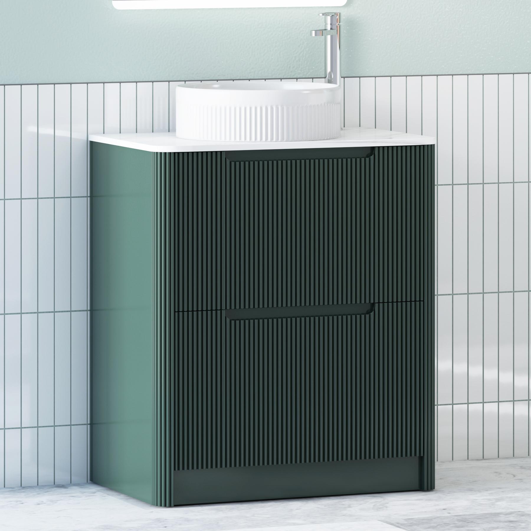 Avenza Deep Moss Green 2 Drawer Floor Standing Vanity Unit with Carrara White Undrilled Worktop & Various Countertop Basins