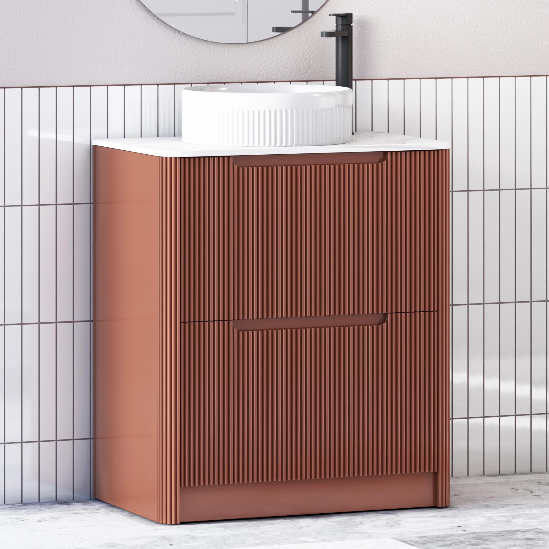 Avenza Terracotta Clay 2 Drawer Floor Standing Vanity Unit with Carrara White Undrilled Worktop & Various Countertop Basins