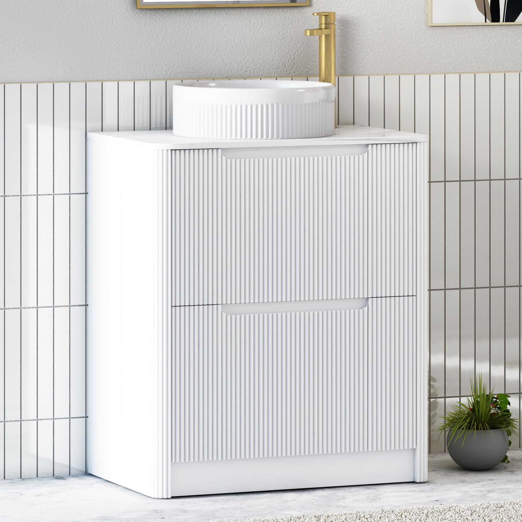 Avenza Matt White 2 Drawer Floor Standing Vanity Unit with Carrara White Undrilled Worktop & Various Countertop Basins