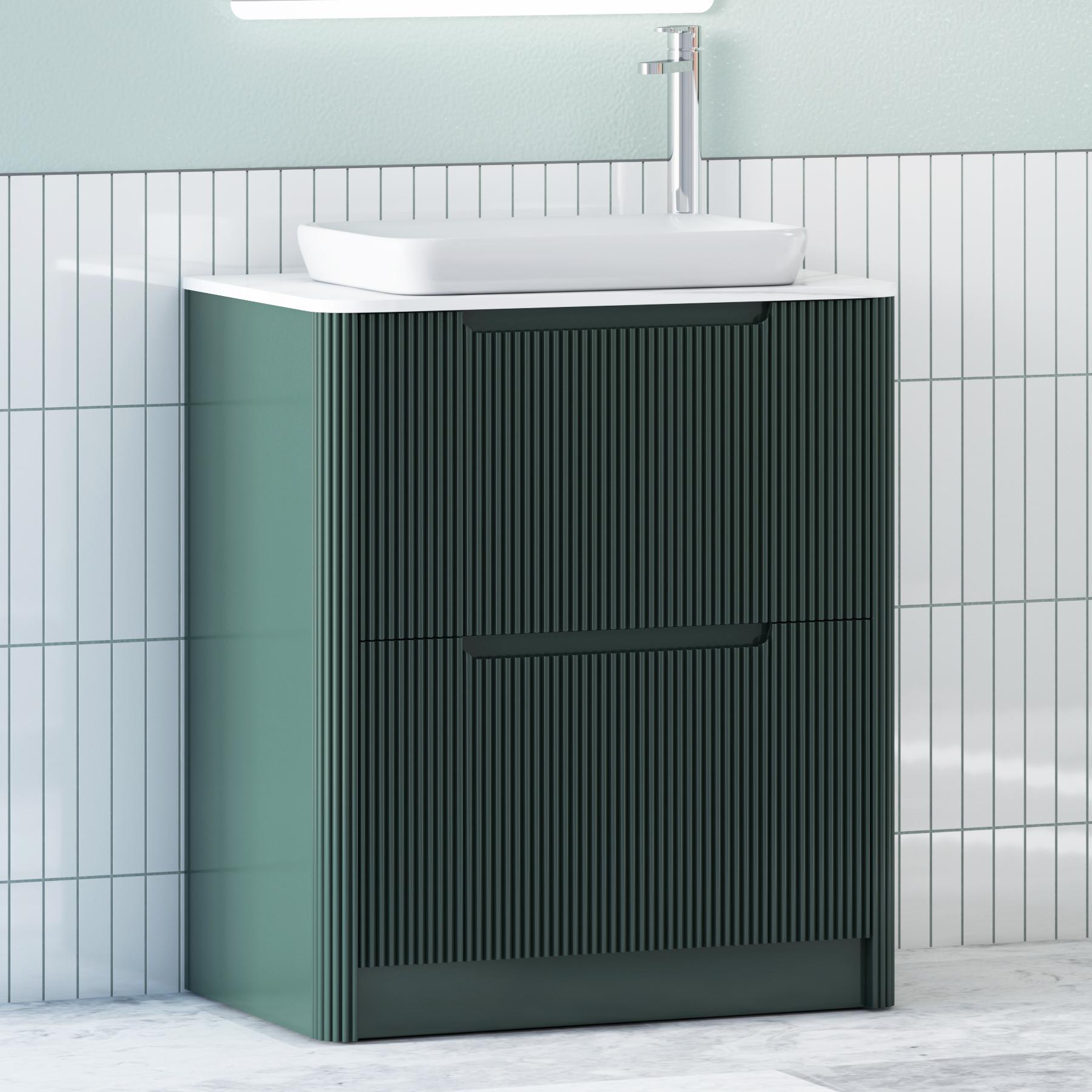 Avenza Deep Moss Green 2 Drawer Floor Standing Vanity Unit with Carrara White Undrilled Worktop & Various Countertop Basins