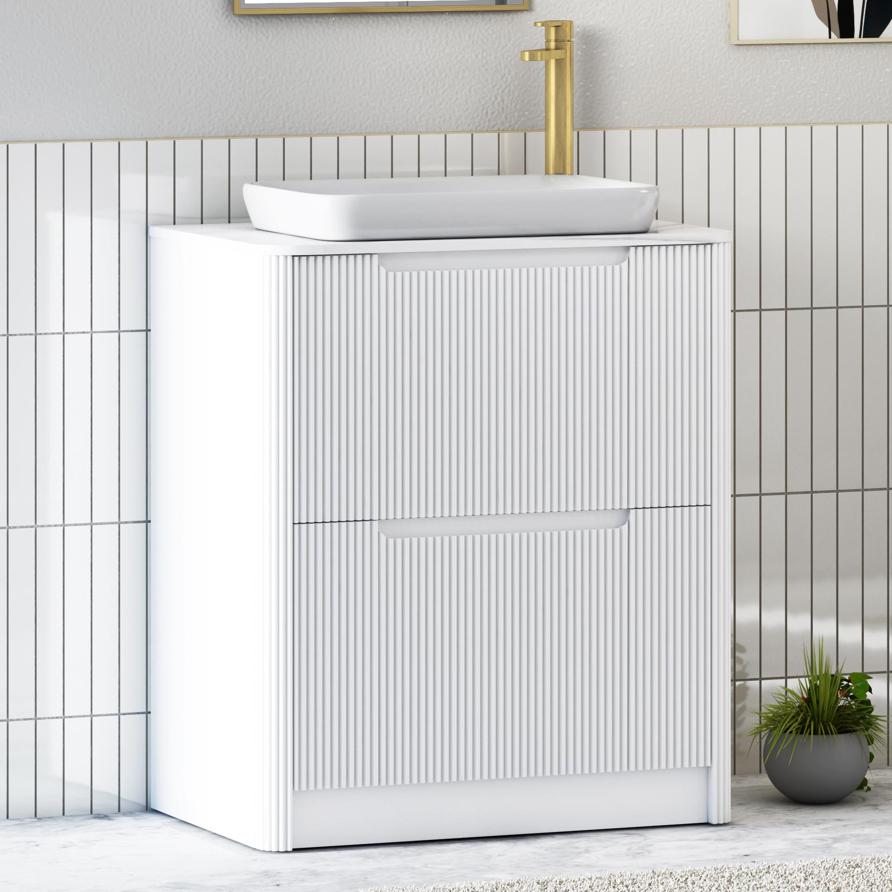 Avenza Matt White 2 Drawer Floor Standing Vanity Unit with Carrara White Undrilled Worktop & Various Countertop Basins