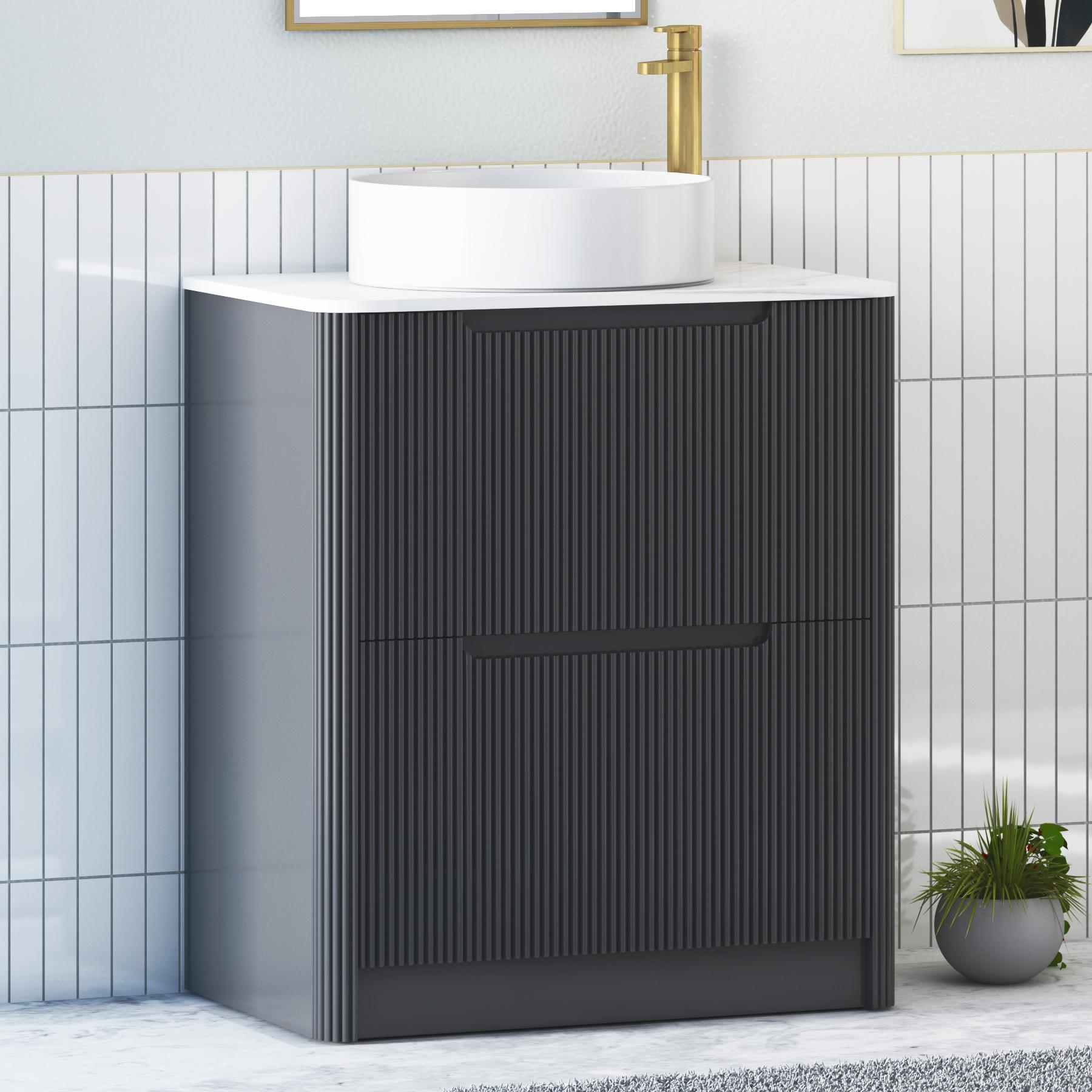 Avenza Matt Obsidian Black 2 Drawer Floor Standing Vanity Unit with Carrara White Undrilled Worktop & Various Countertop Basins
