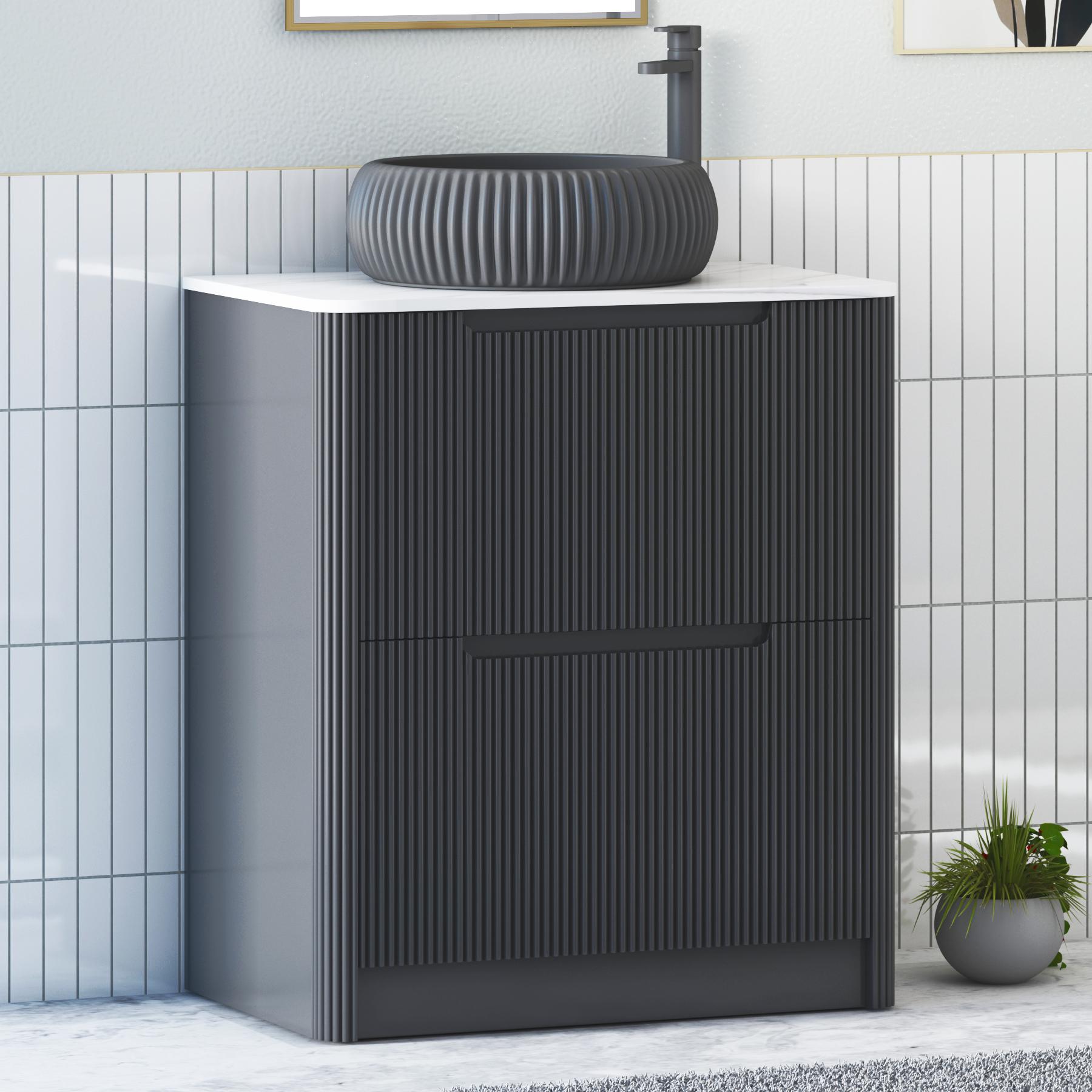 Avenza Matt Obsidian Black 2 Drawer Floor Standing Vanity Unit with Carrara White Undrilled Worktop & Various Countertop Basins