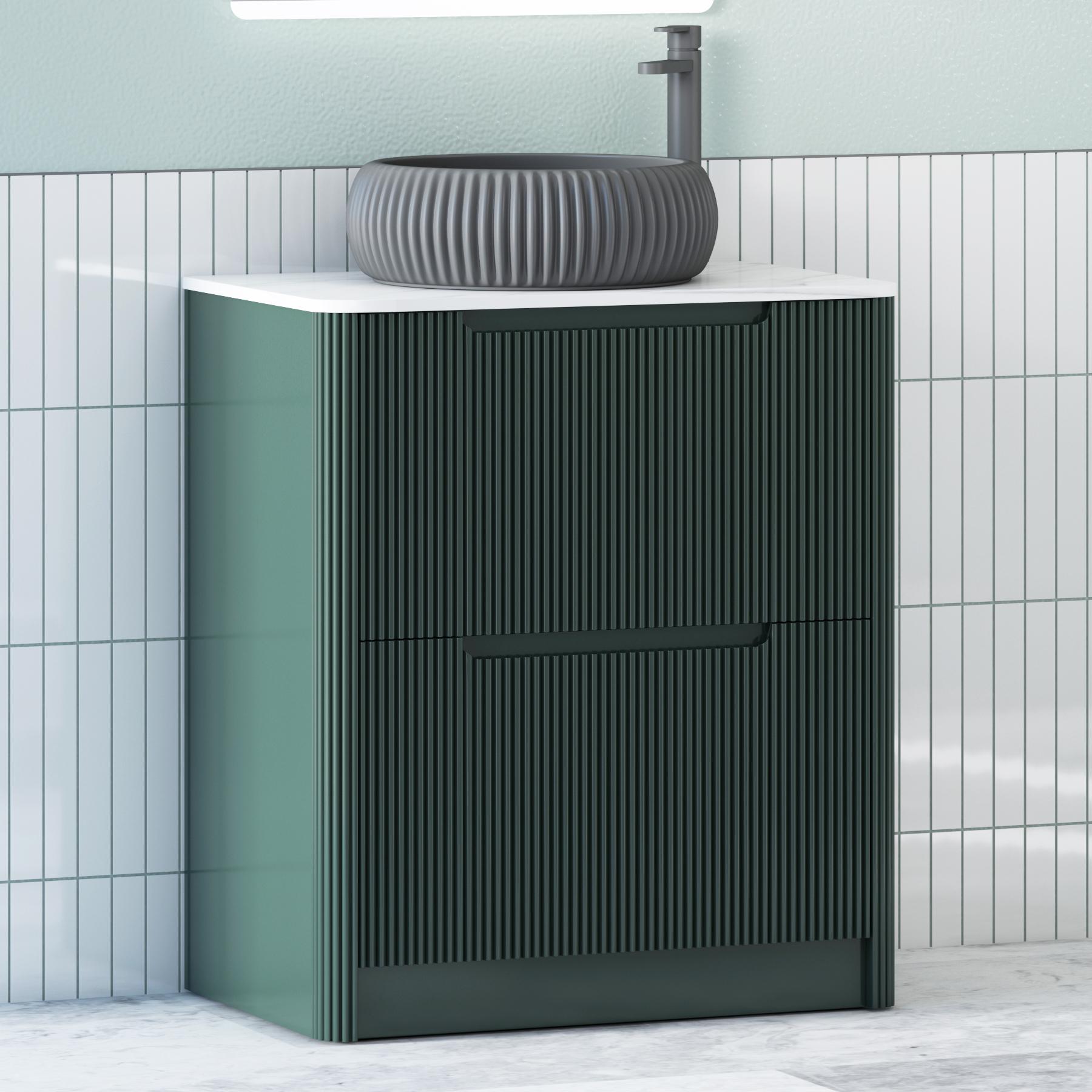 Avenza Deep Moss Green 2 Drawer Floor Standing Vanity Unit with Carrara White Undrilled Worktop & Various Countertop Basins