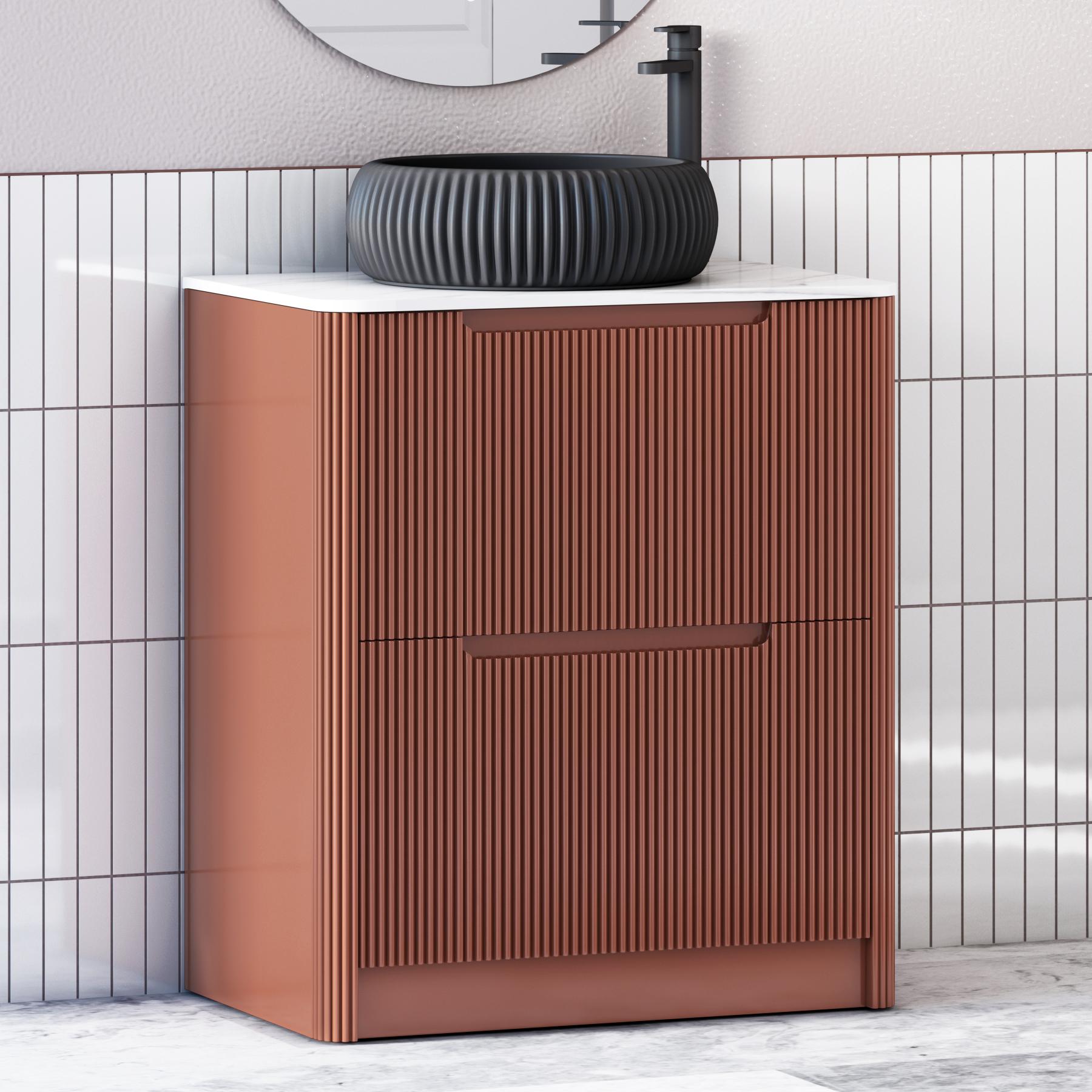 Avenza Terracotta Clay 2 Drawer Floor Standing Vanity Unit with Carrara White Undrilled Worktop & Various Countertop Basins