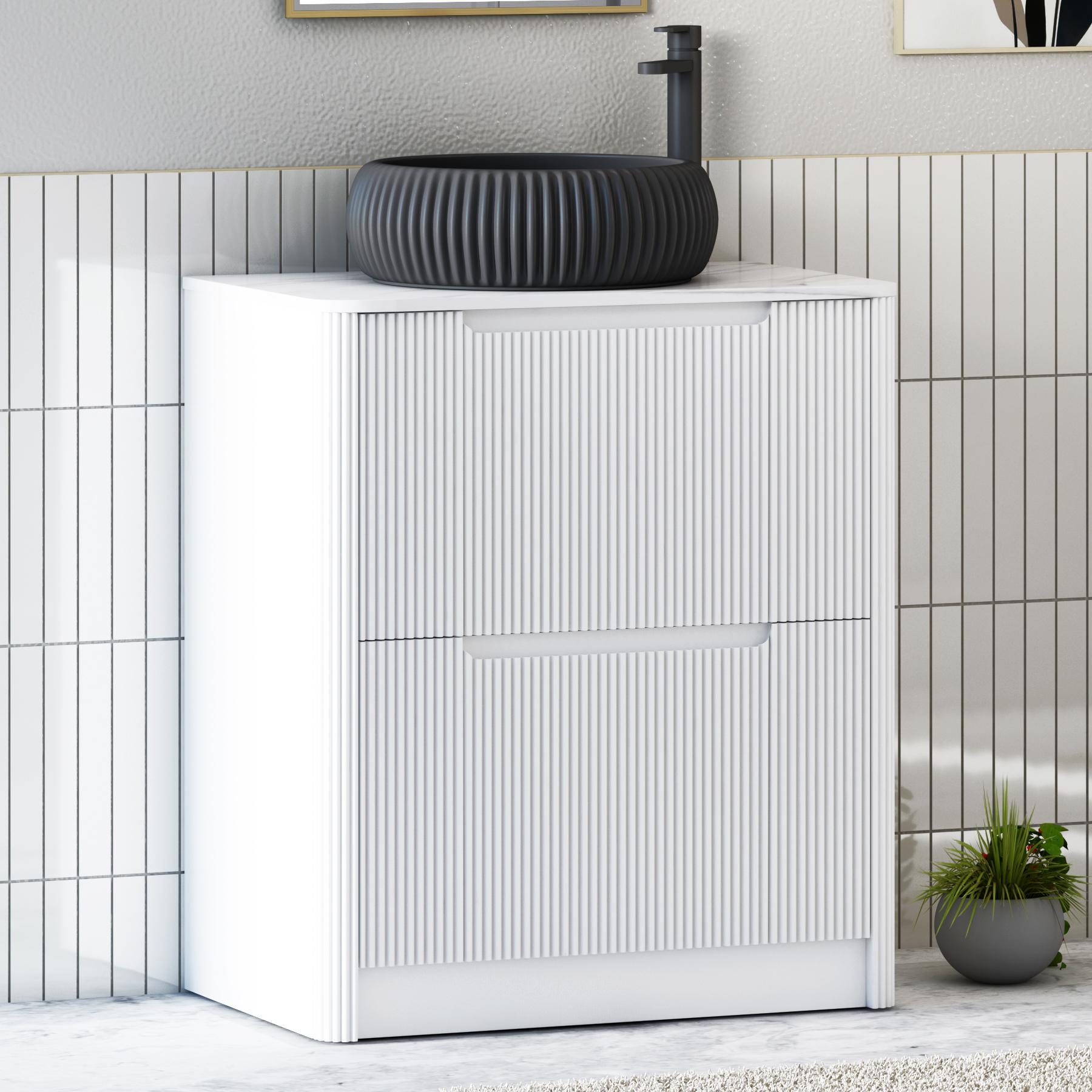 Avenza Matt White 2 Drawer Floor Standing Vanity Unit with Carrara White Undrilled Worktop & Various Countertop Basins