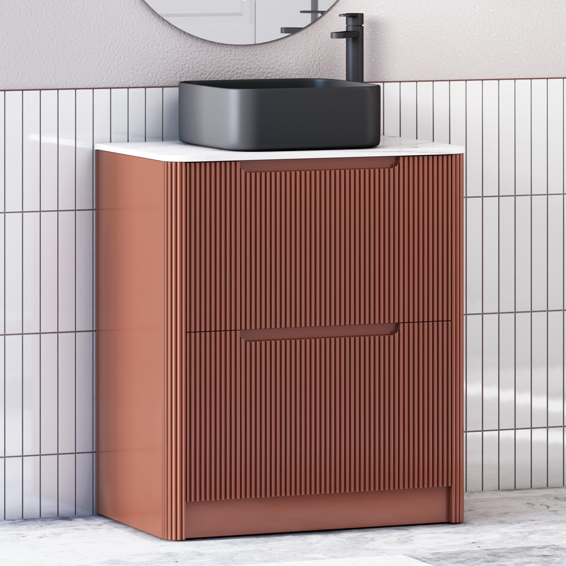 Avenza Terracotta Clay 2 Drawer Floor Standing Vanity Unit with Carrara White Undrilled Worktop & Various Countertop Basins