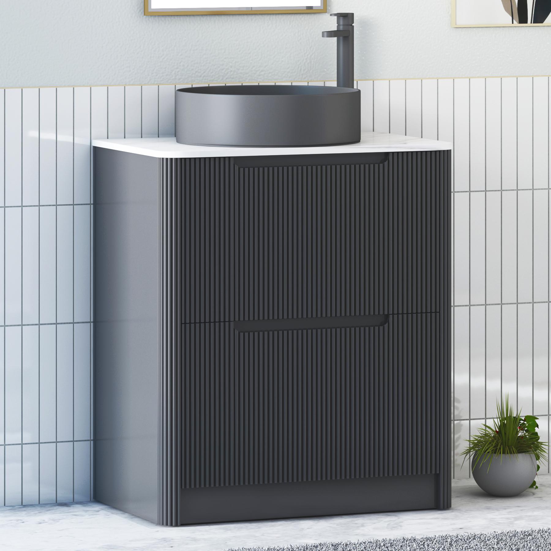 Avenza 700mm Matt Obsidian Black Floor Standing Vanity Unit 2 Drawer with Art Round Basin