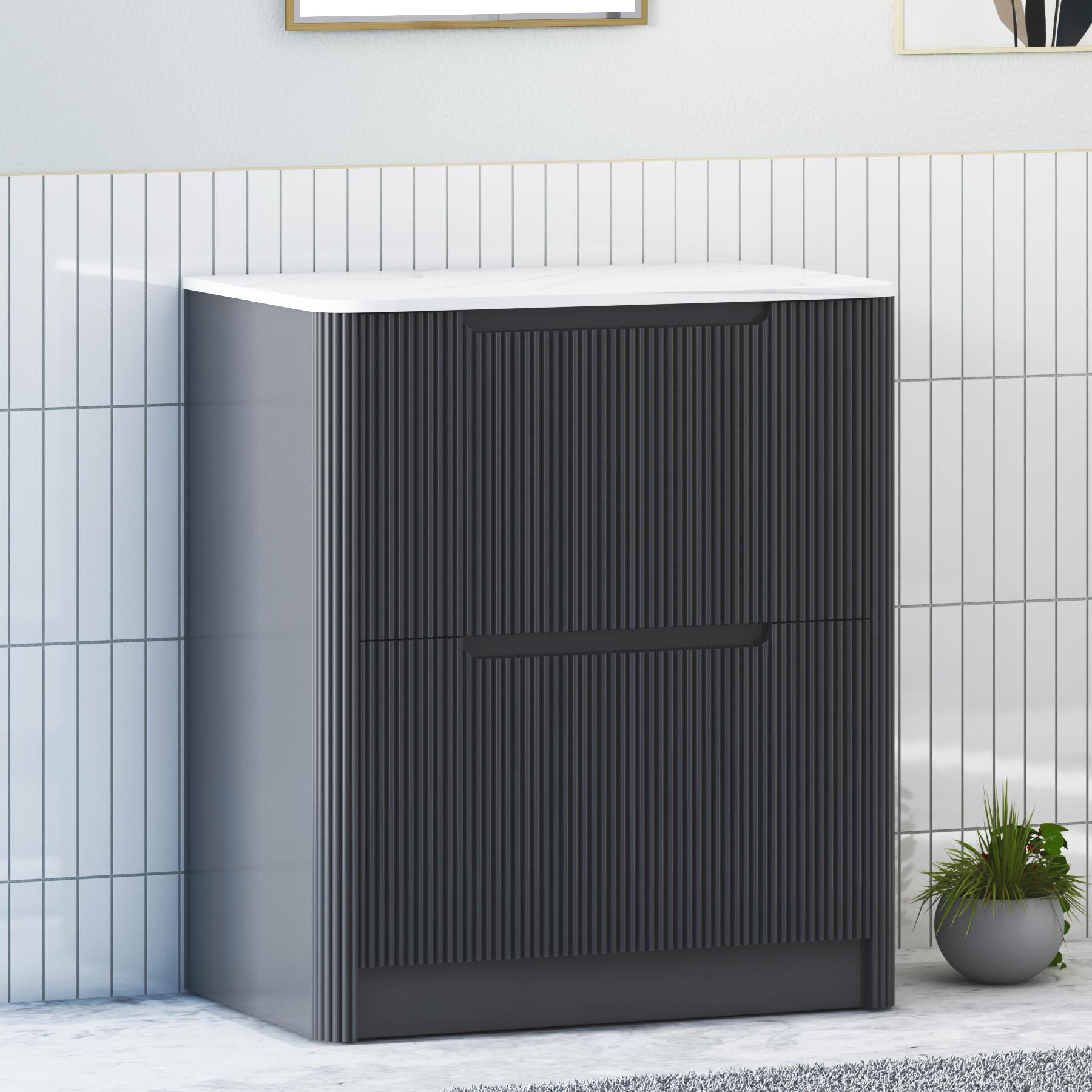 Avenza 600mm Matt Obsidian Black Floor Standing Vanity Unit 2 Drawer with Carrara White Undrilled Worktop