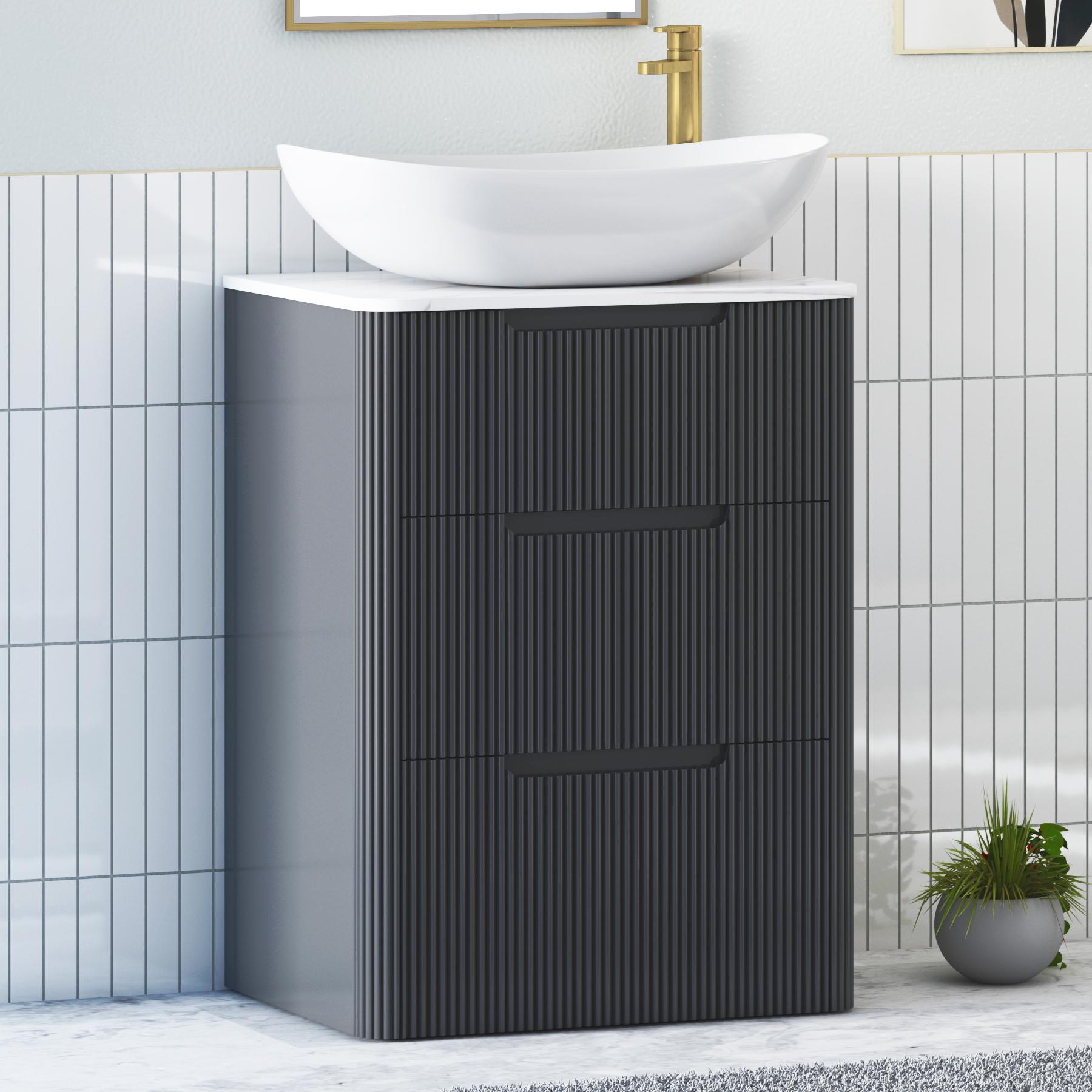 Avenza Matt Obsidian Black 3 Drawer Floor Standing Vanity Unit with Carrara White Undrilled Worktop & Various Countertop Basins