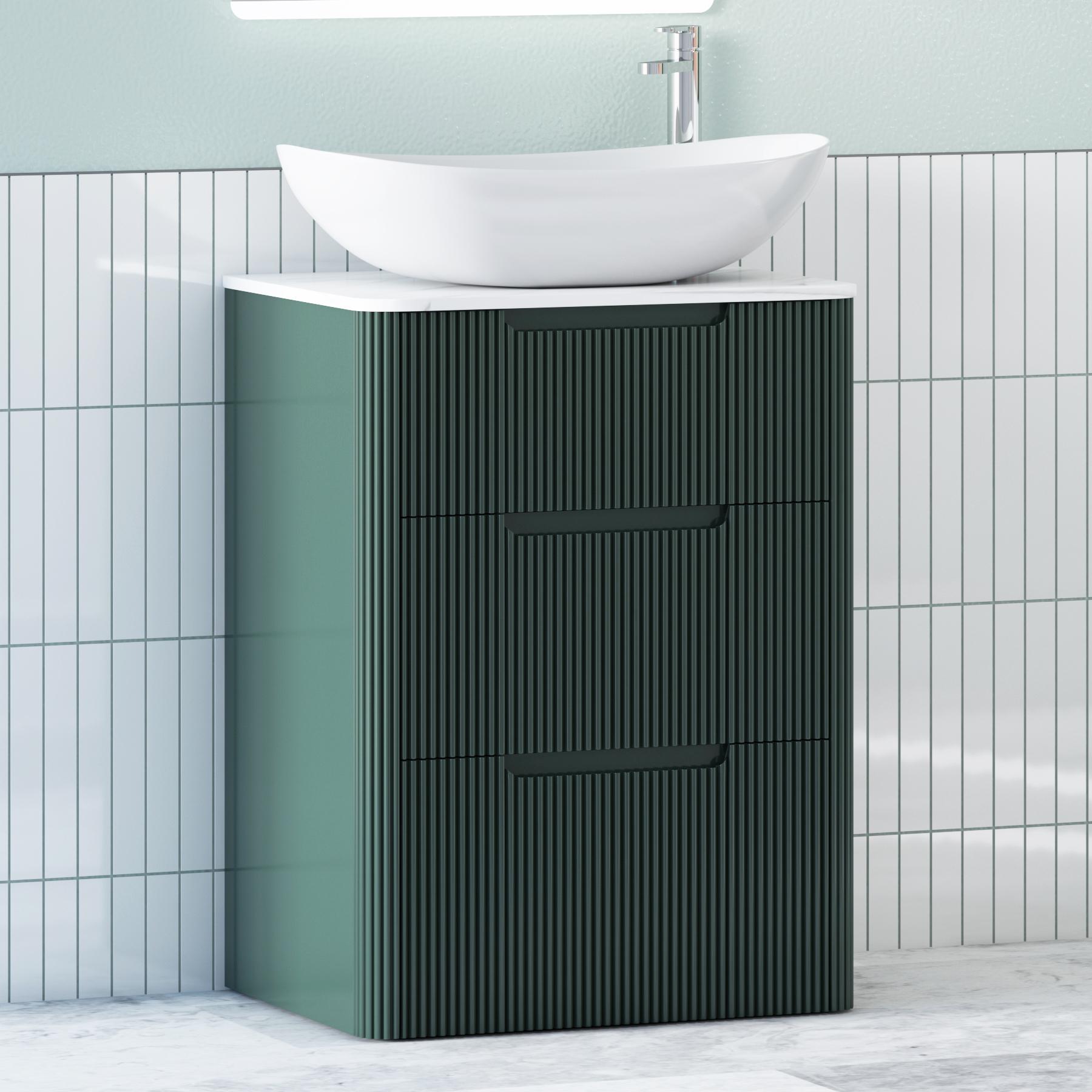 Avenza Deep Moss Green 3 Drawer Floor Standing Vanity Unit with Carrara White Undrilled Worktop & Various Countertop Basins