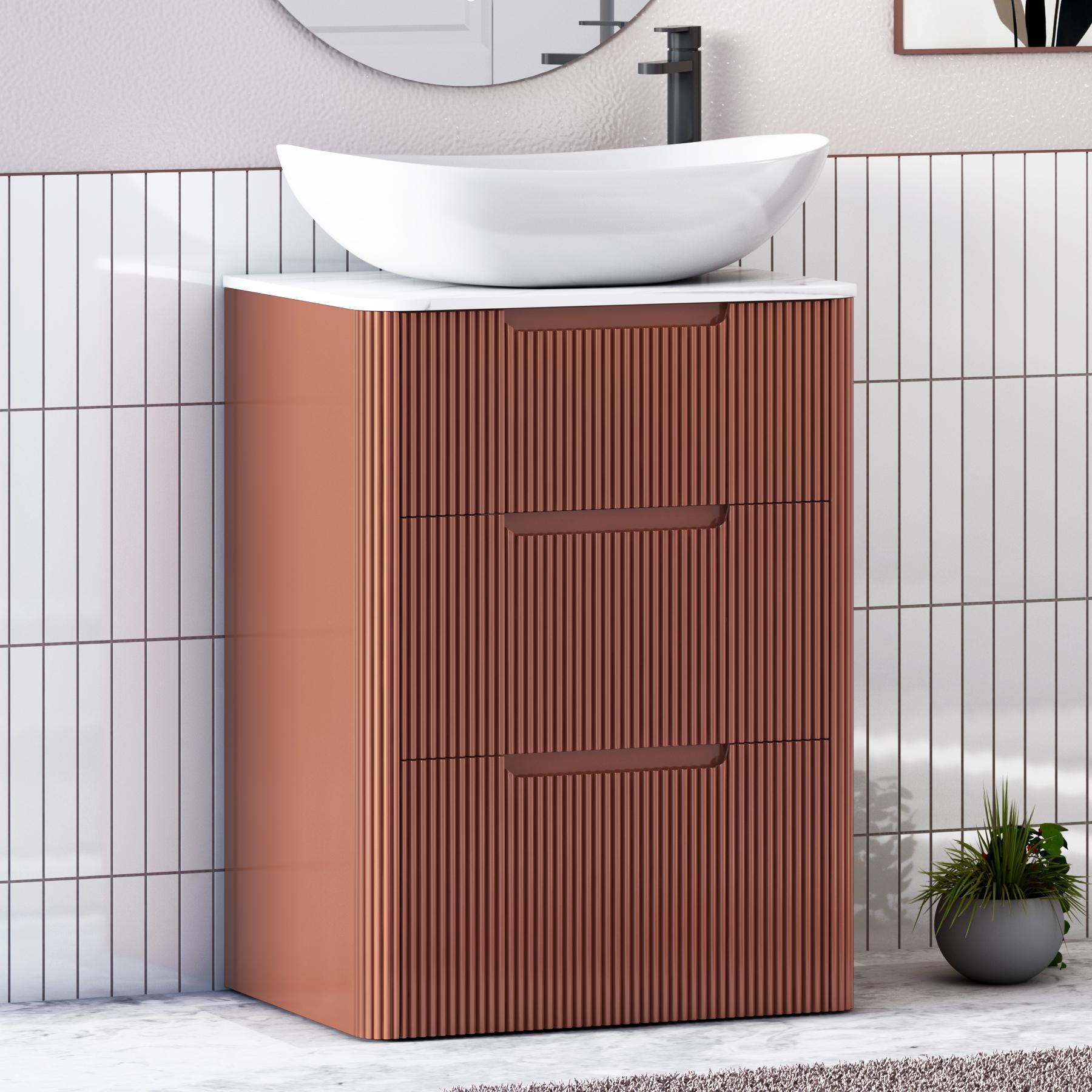 Avenza Terracotta Clay 3 Drawer Floor Standing Vanity Unit with Carrara White Undrilled Worktop & Various Countertop Basins