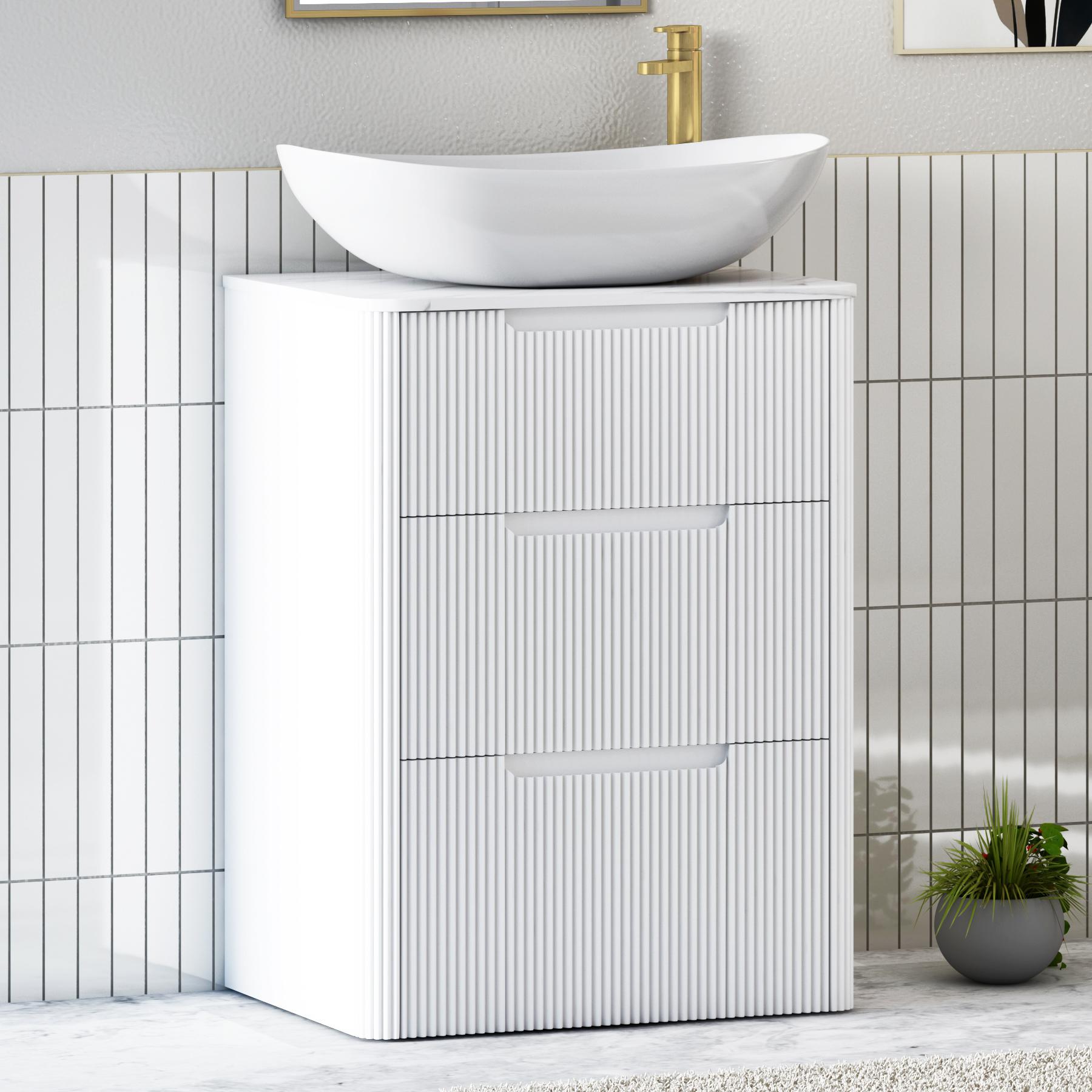 Avenza Matt White 3 Drawer Floor Standing Vanity Unit with Carrara White Undrilled Worktop & Various Countertop Basins