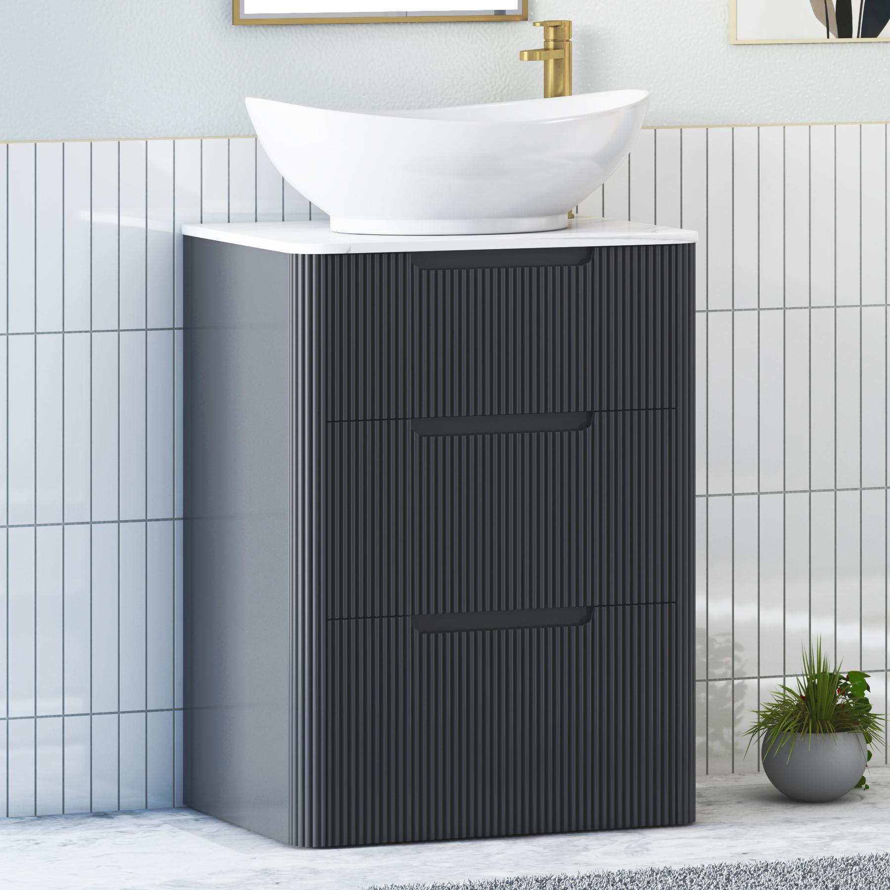 Avenza Matt Obsidian Black 3 Drawer Floor Standing Vanity Unit with Carrara White Undrilled Worktop & Various Countertop Basins