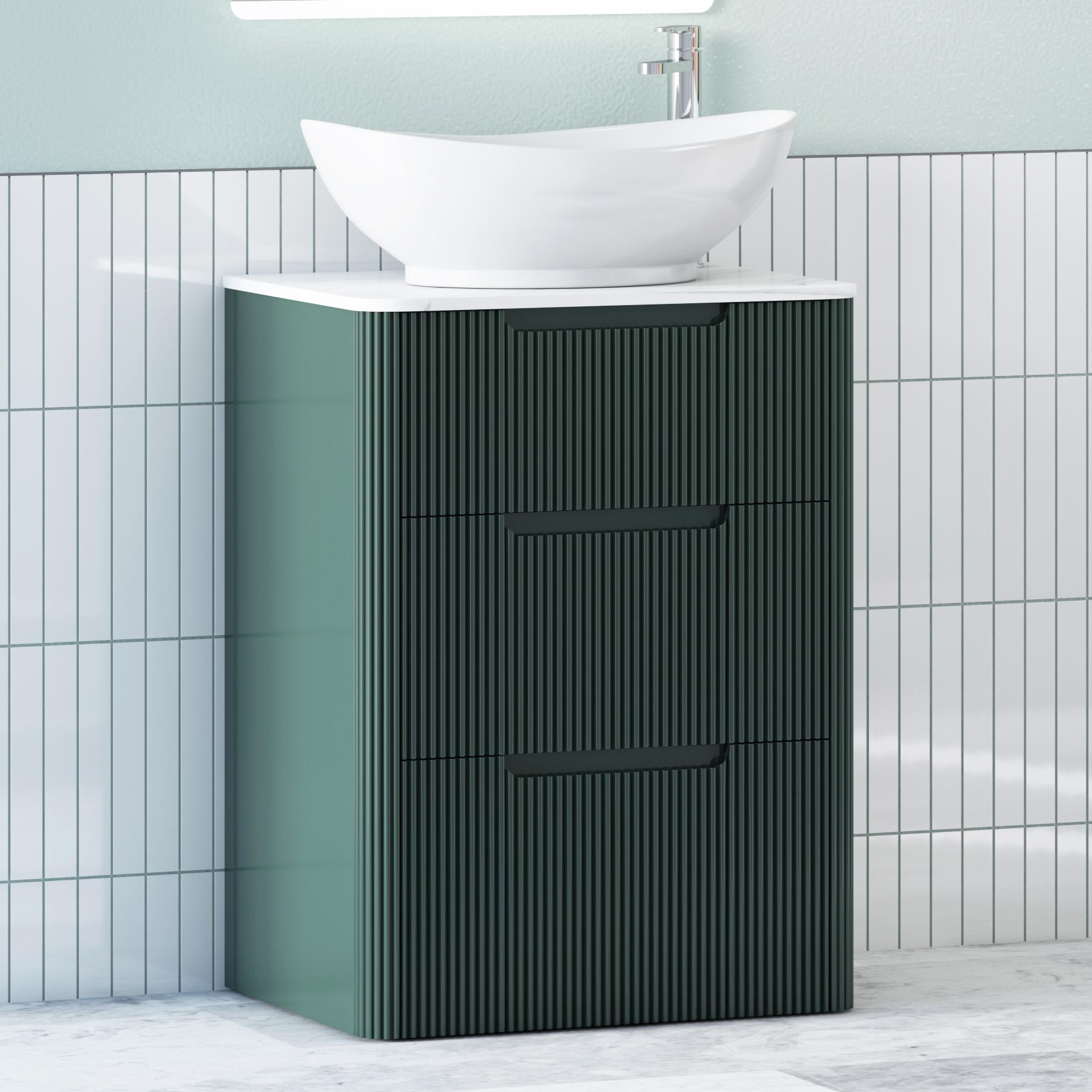 Avenza Deep Moss Green 3 Drawer Floor Standing Vanity Unit with Carrara White Undrilled Worktop & Various Countertop Basins