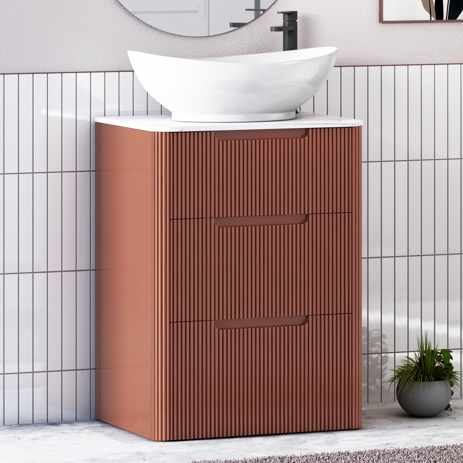 Avenza Terracotta Clay 3 Drawer Floor Standing Vanity Unit with Carrara White Undrilled Worktop & Various Countertop Basins