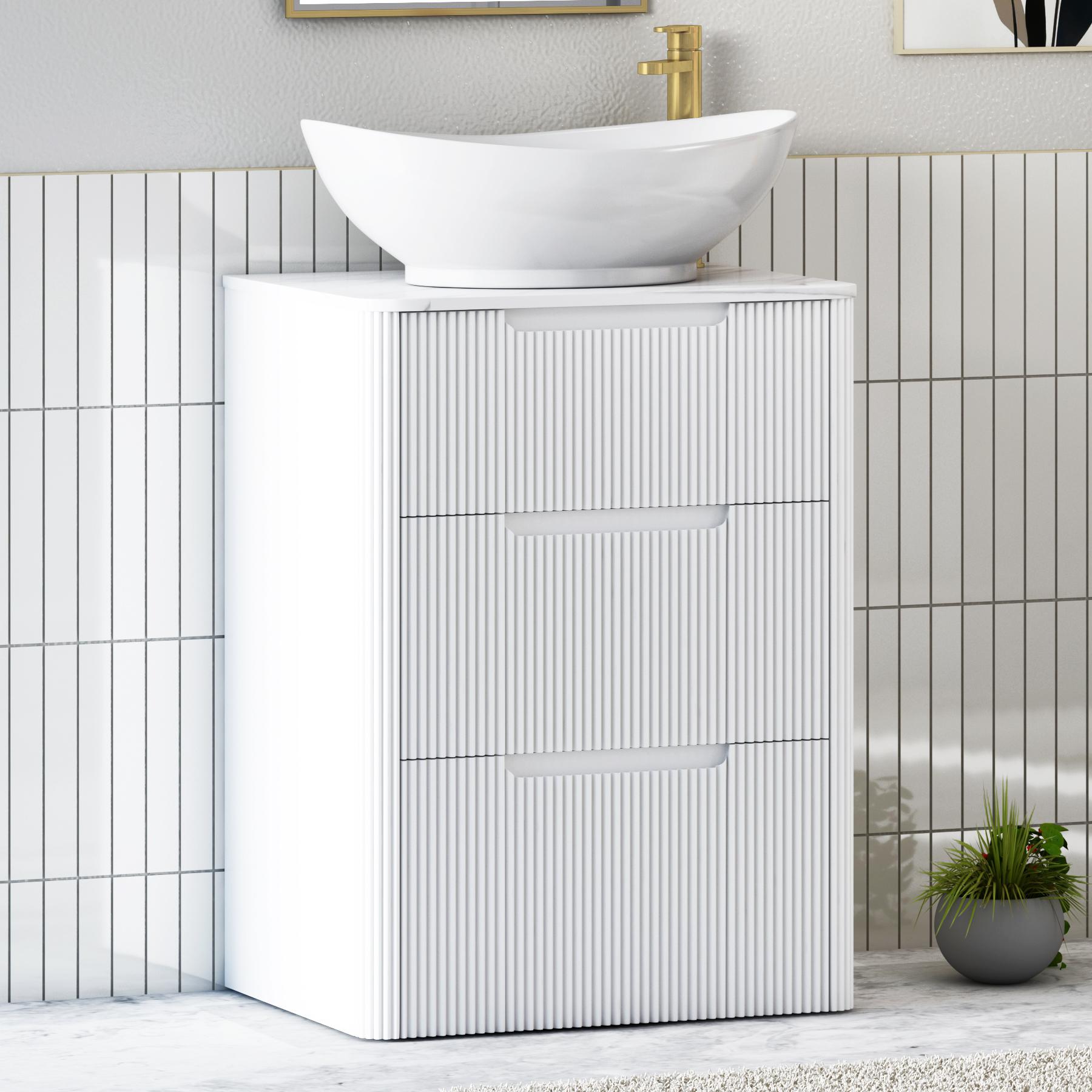 Avenza Matt White 3 Drawer Floor Standing Vanity Unit with Carrara White Undrilled Worktop & Various Countertop Basins