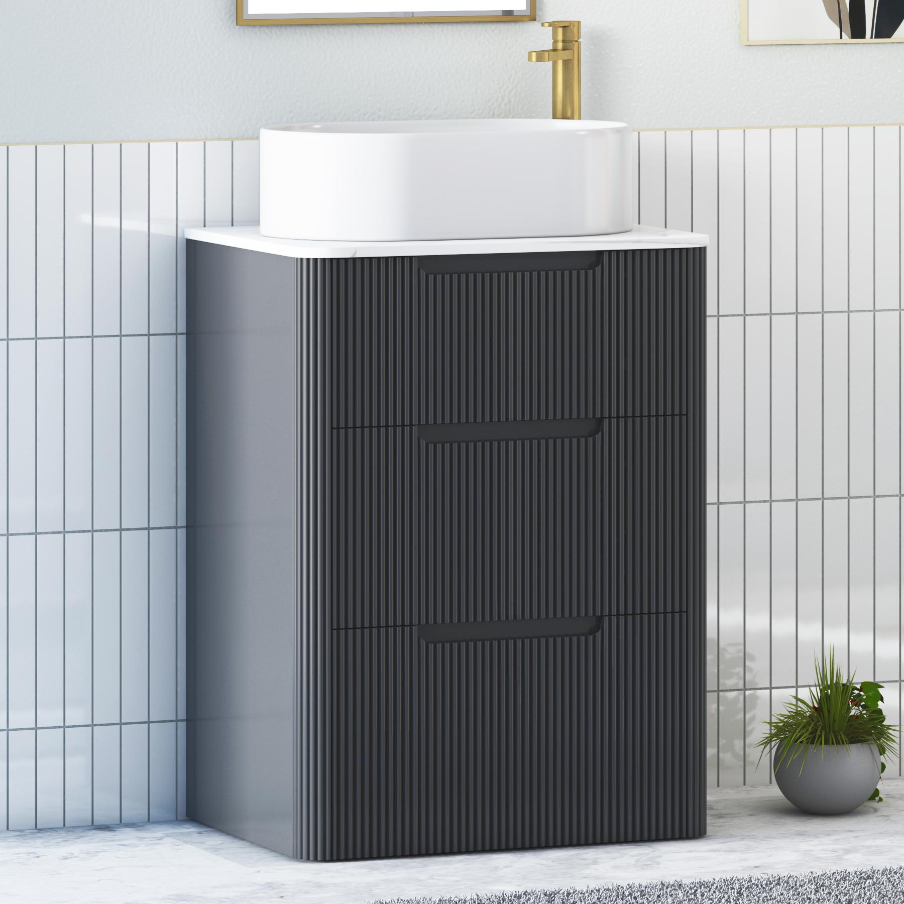 Avenza Matt Obsidian Black 3 Drawer Floor Standing Vanity Unit with Carrara White Undrilled Worktop & Various Countertop Basins