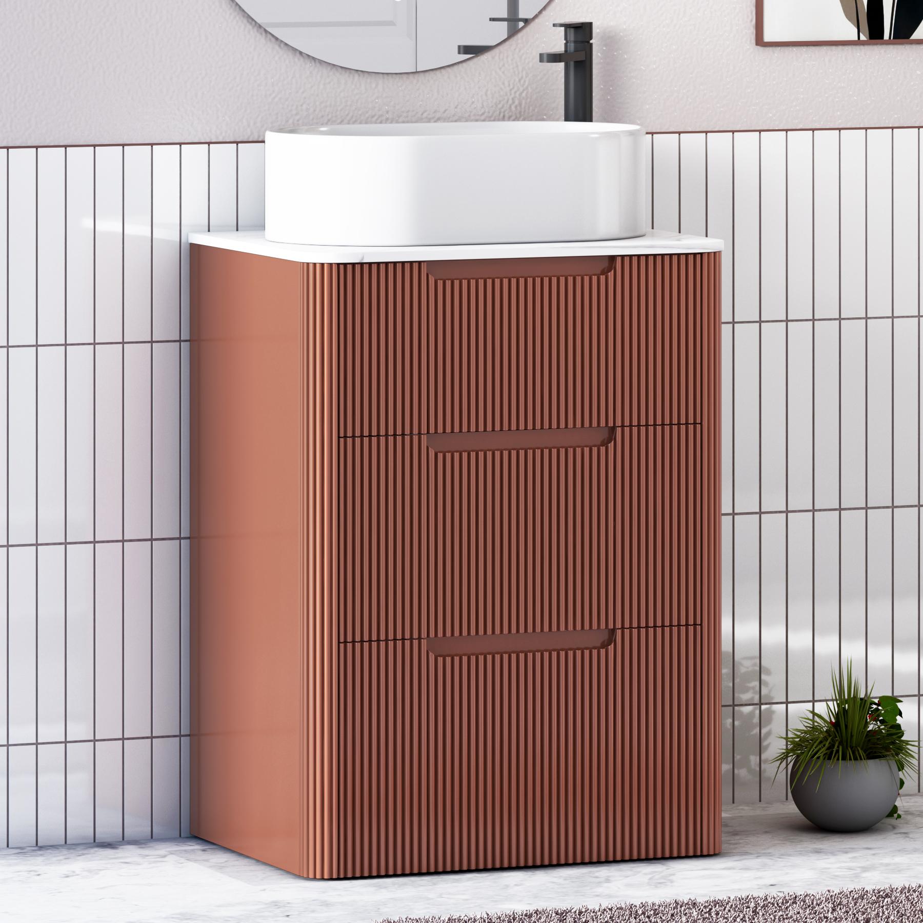 Avenza Terracotta Clay 3 Drawer Floor Standing Vanity Unit with Carrara White Undrilled Worktop & Various Countertop Basins