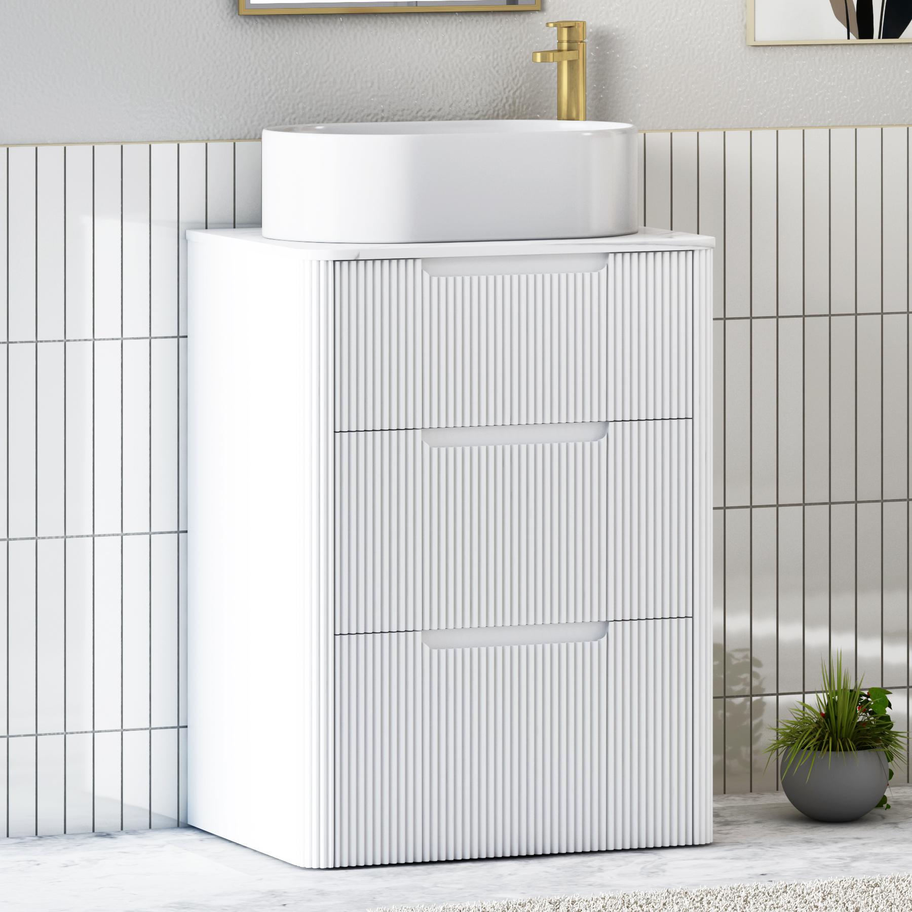 Avenza Matt White 3 Drawer Floor Standing Vanity Unit with Carrara White Undrilled Worktop & Various Countertop Basins