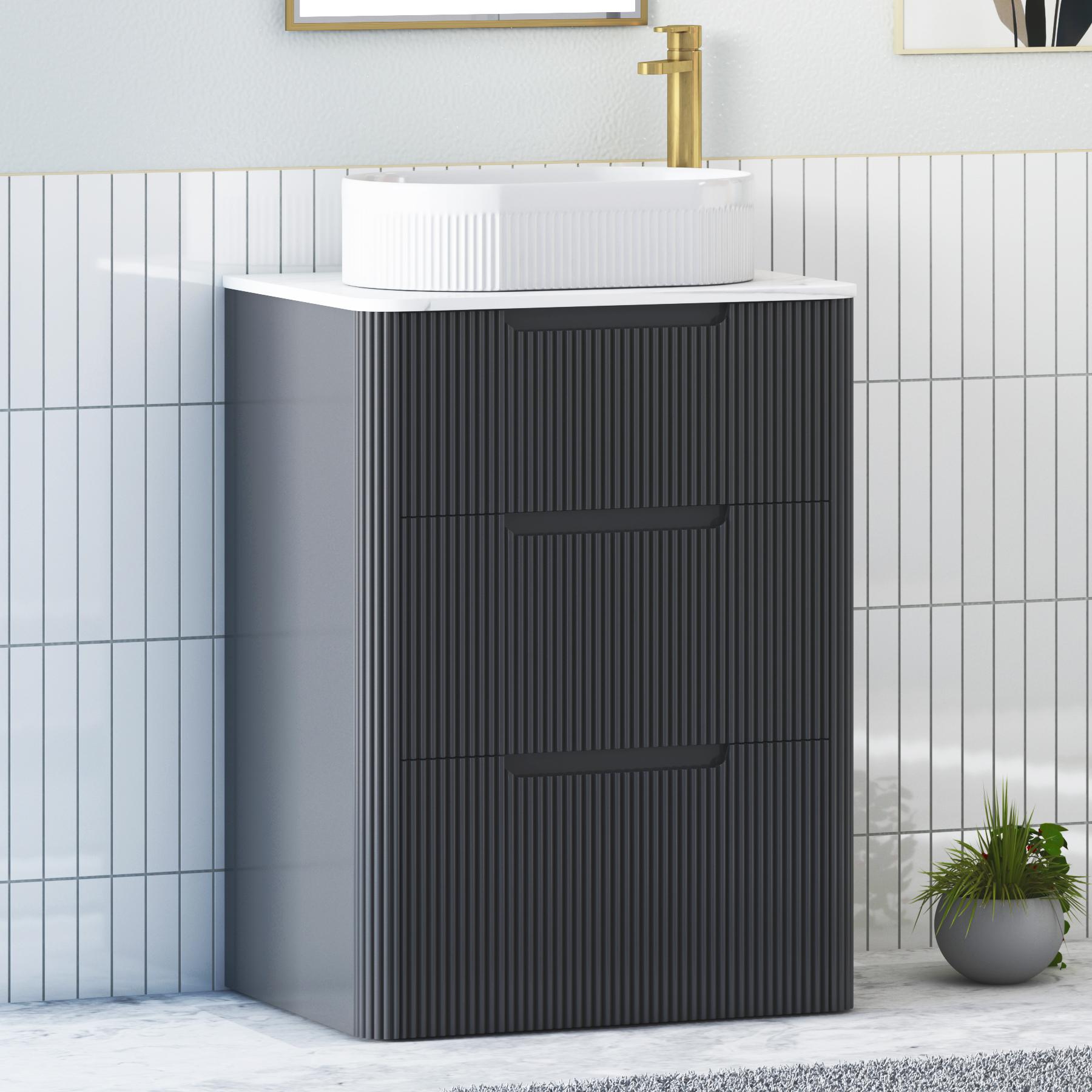 Avenza Matt Obsidian Black 3 Drawer Floor Standing Vanity Unit with Carrara White Undrilled Worktop & Various Countertop Basins