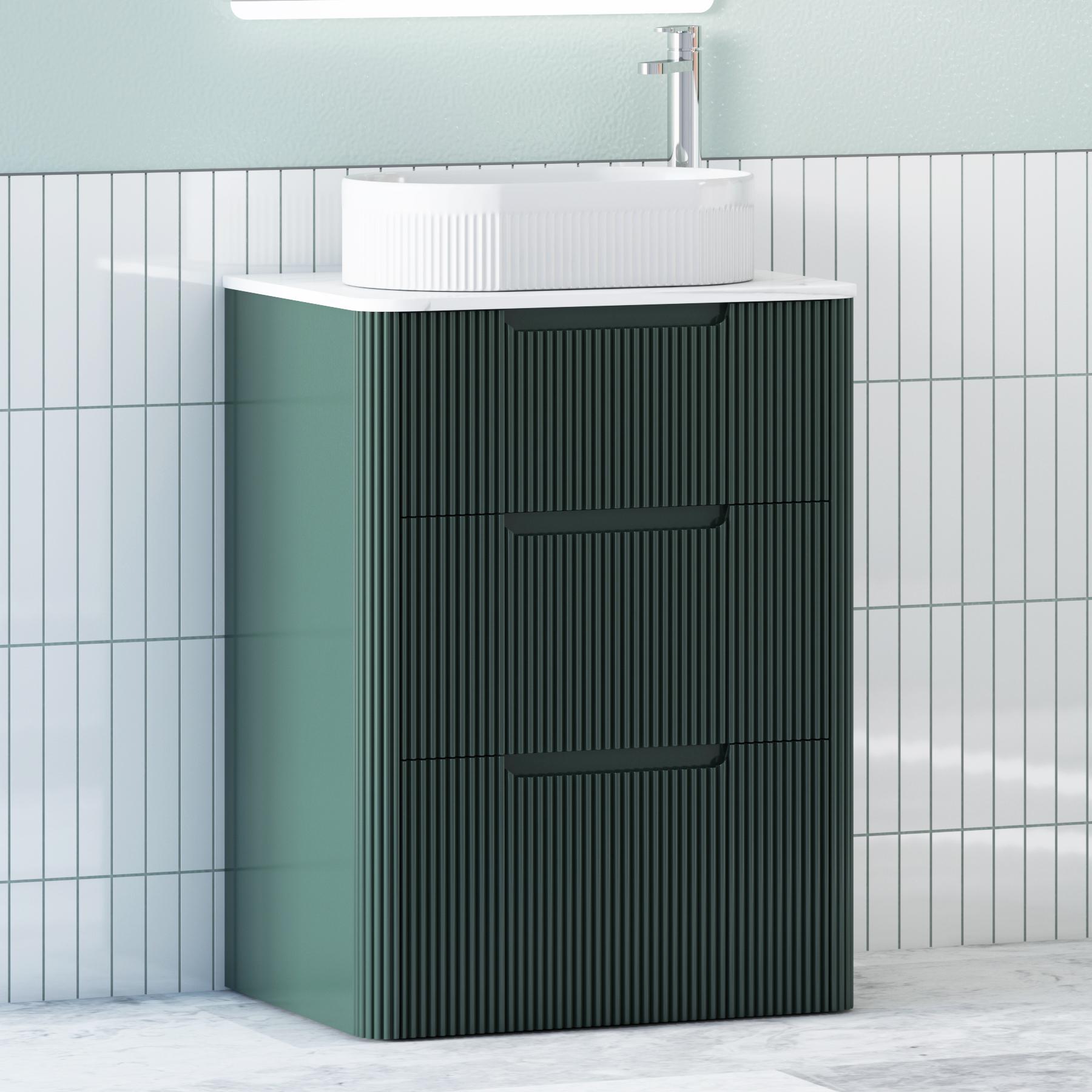 Avenza Deep Moss Green 3 Drawer Floor Standing Vanity Unit with Carrara White Undrilled Worktop & Various Countertop Basins