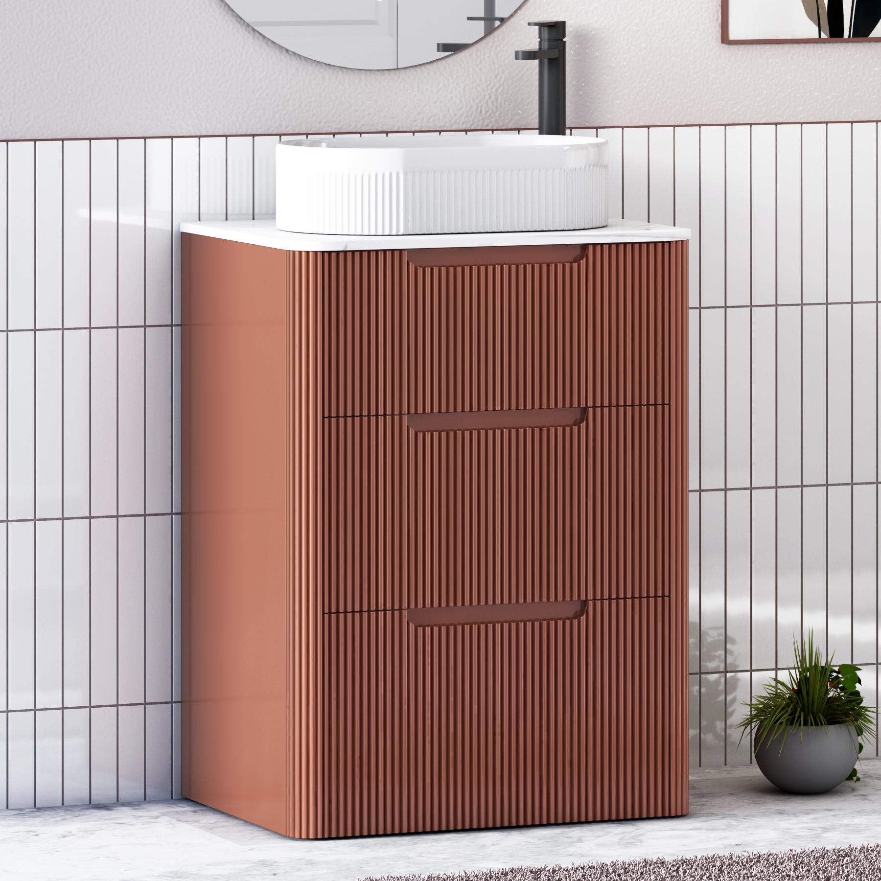 Avenza Terracotta Clay 3 Drawer Floor Standing Vanity Unit with Carrara White Undrilled Worktop & Various Countertop Basins