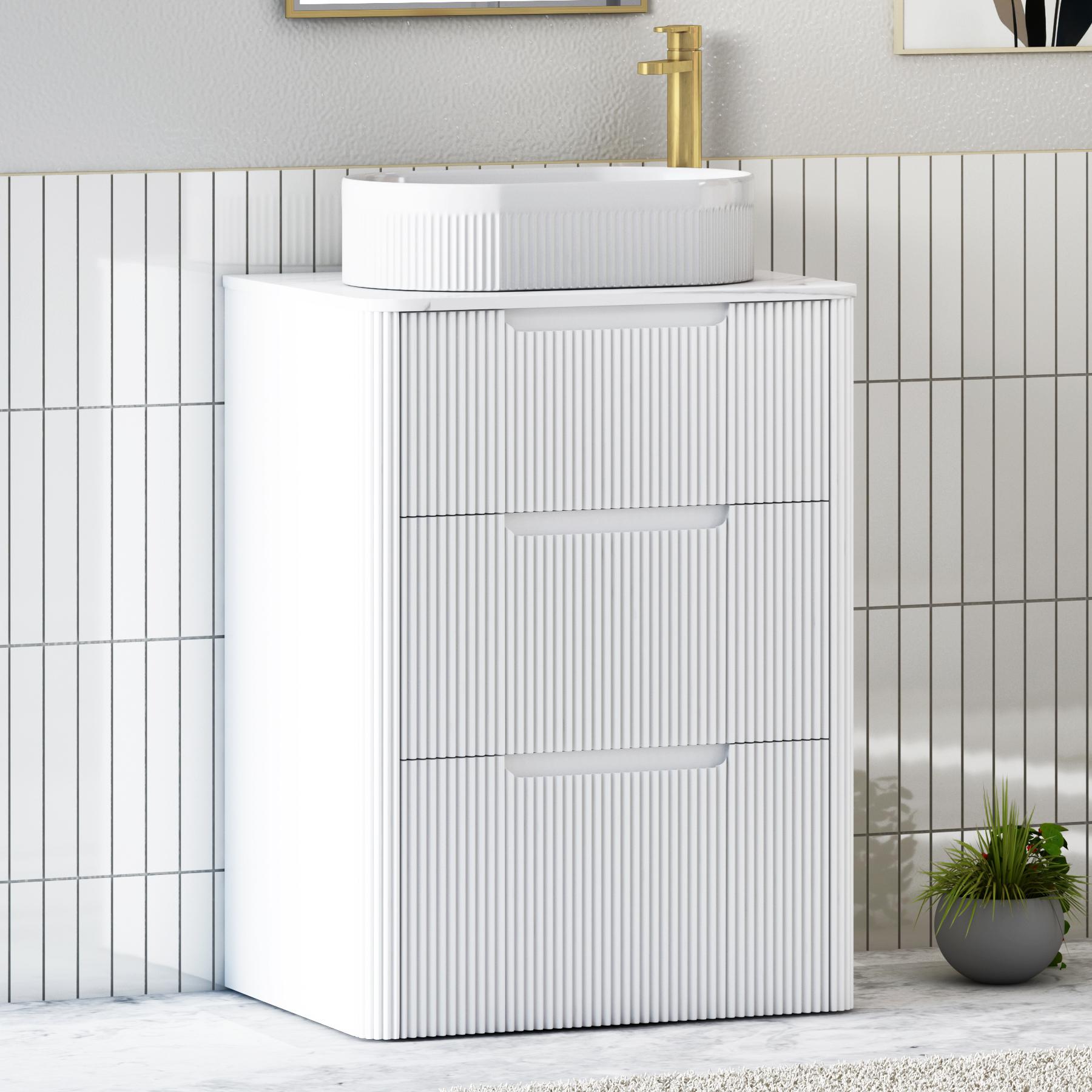 Avenza Matt White 3 Drawer Floor Standing Vanity Unit with Carrara White Undrilled Worktop & Various Countertop Basins