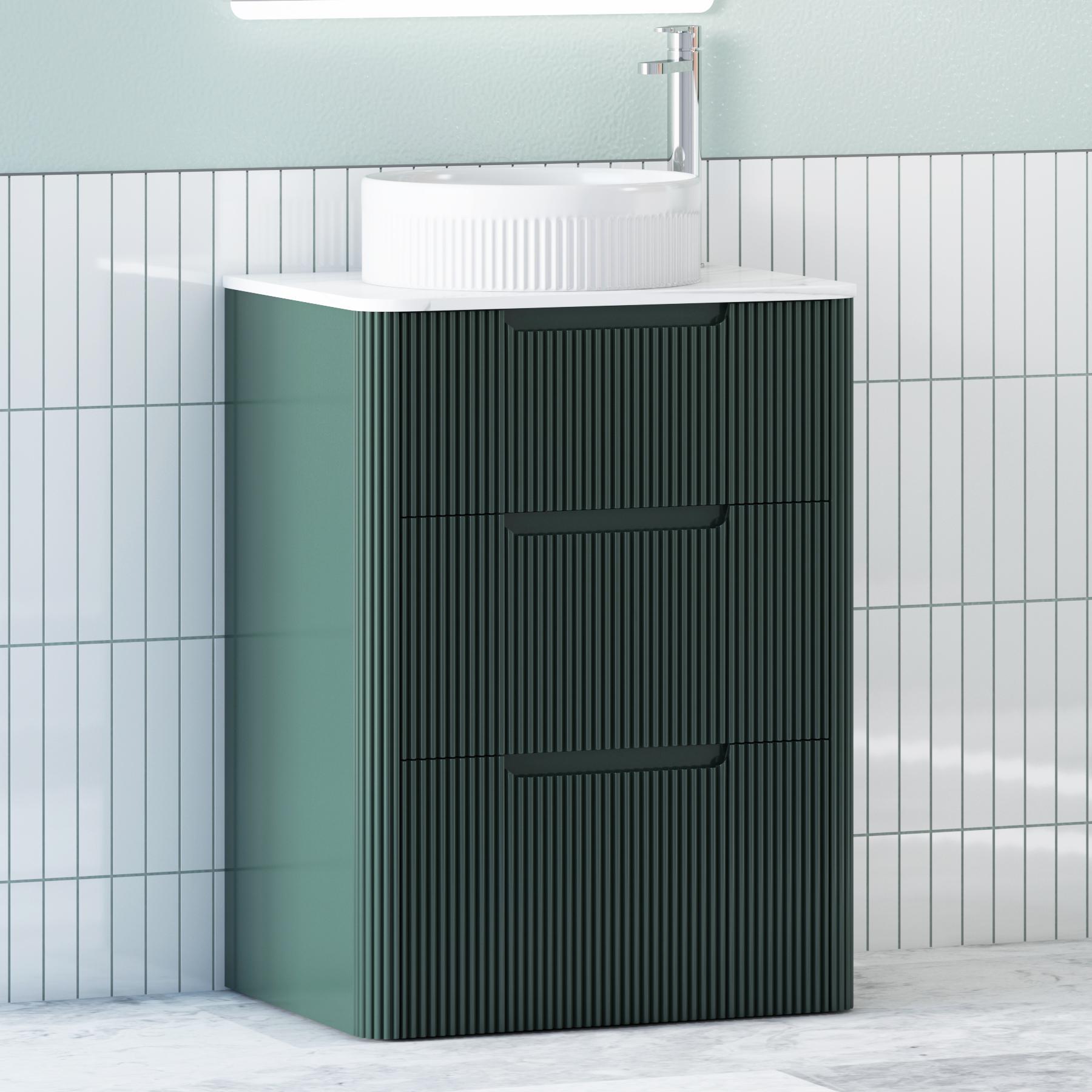 Avenza Deep Moss Green 3 Drawer Floor Standing Vanity Unit with Carrara White Undrilled Worktop & Various Countertop Basins