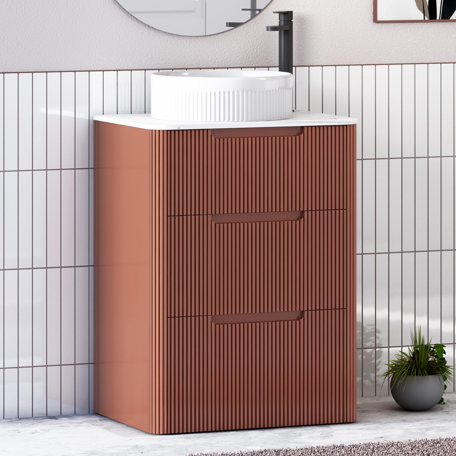 Avenza Terracotta Clay 3 Drawer Floor Standing Vanity Unit with Carrara White Undrilled Worktop & Various Countertop Basins