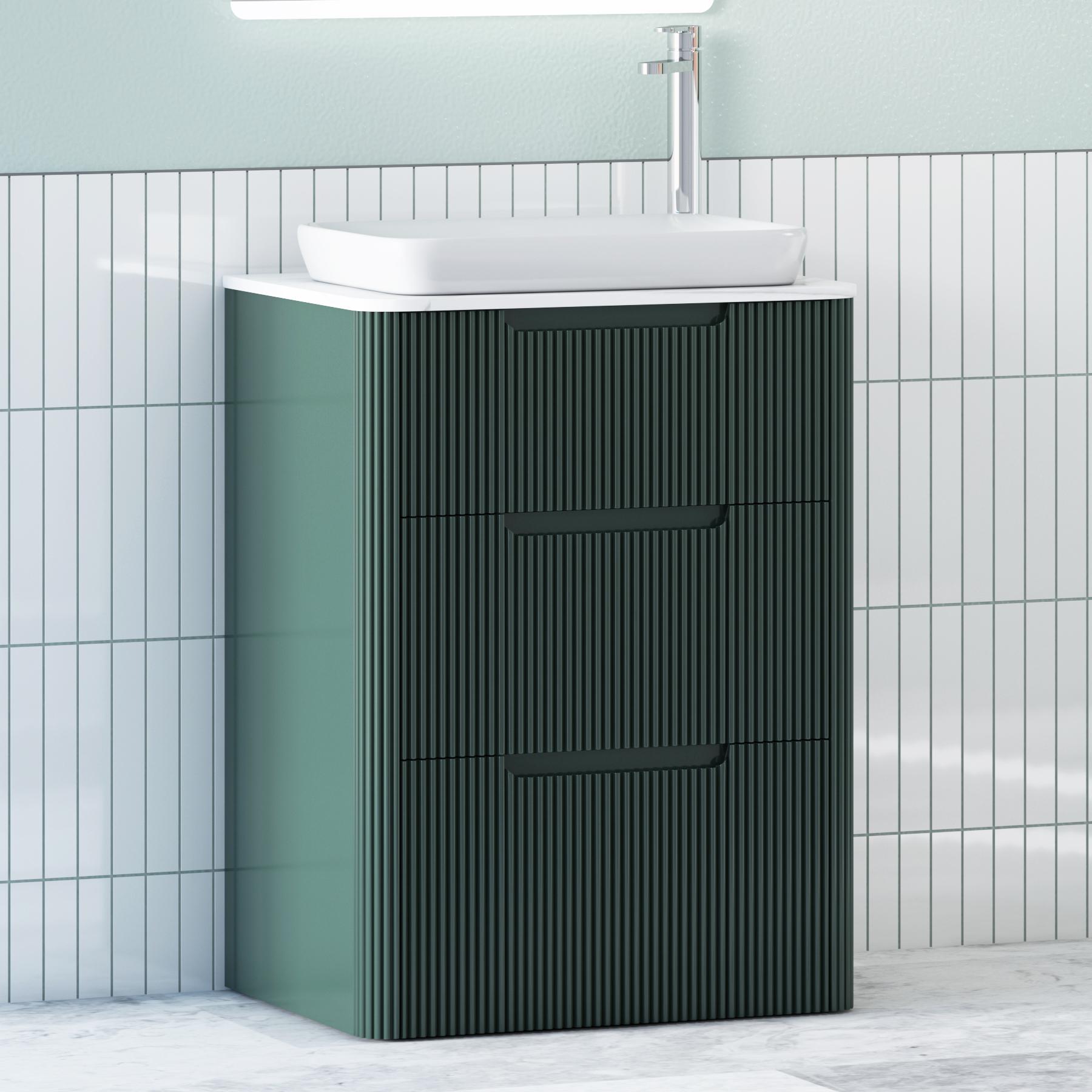 Avenza Deep Moss Green 3 Drawer Floor Standing Vanity Unit with Carrara White Undrilled Worktop & Various Countertop Basins
