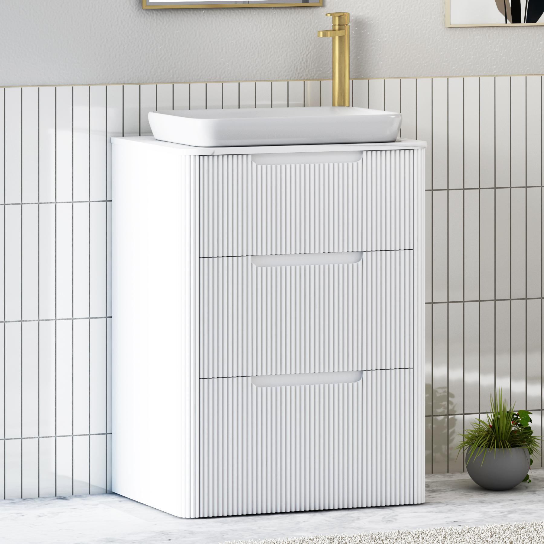 Avenza Matt White 3 Drawer Floor Standing Vanity Unit with Carrara White Undrilled Worktop & Various Countertop Basins