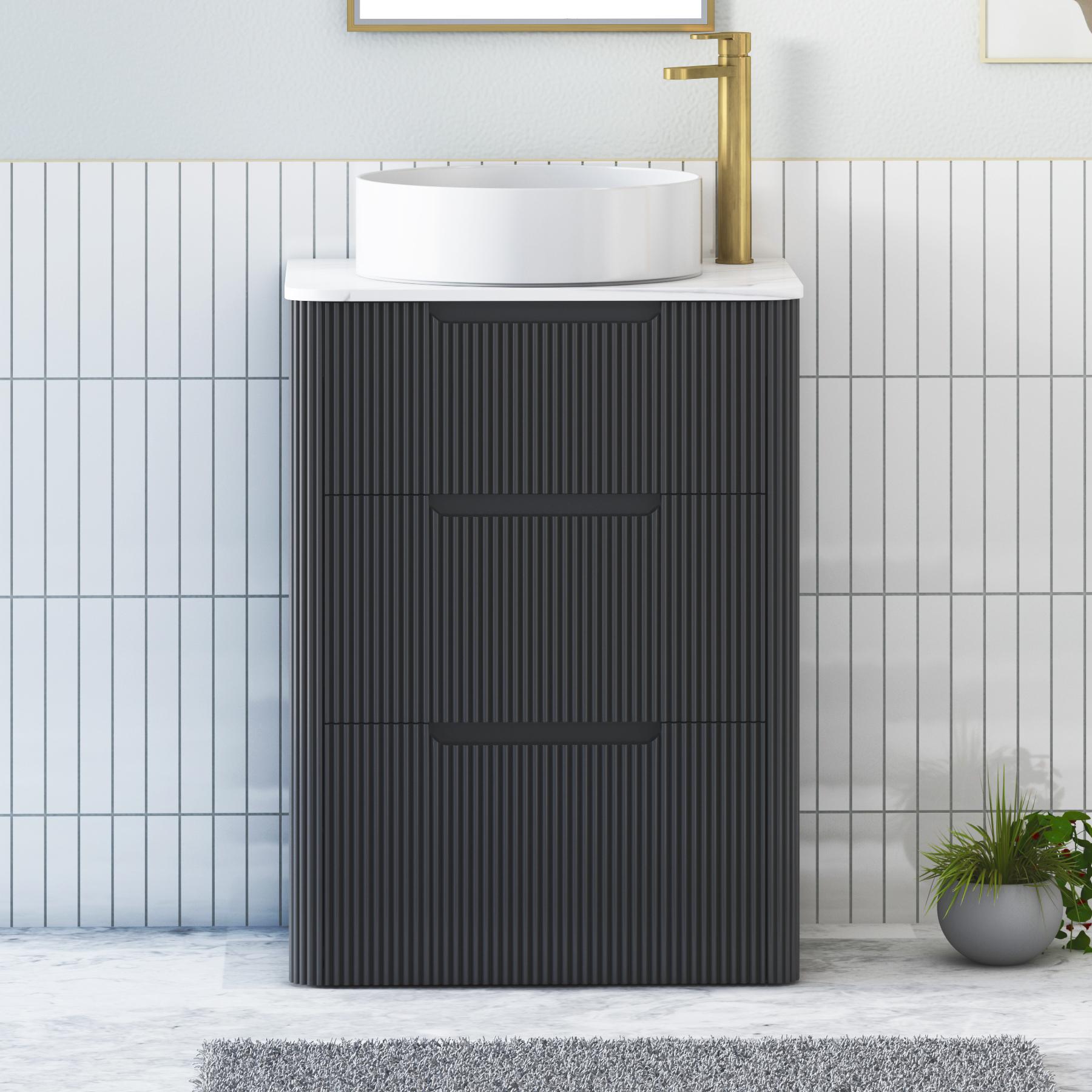 Avenza Matt Obsidian Black 3 Drawer Floor Standing Vanity Unit with Carrara White Undrilled Worktop & Various Countertop Basins