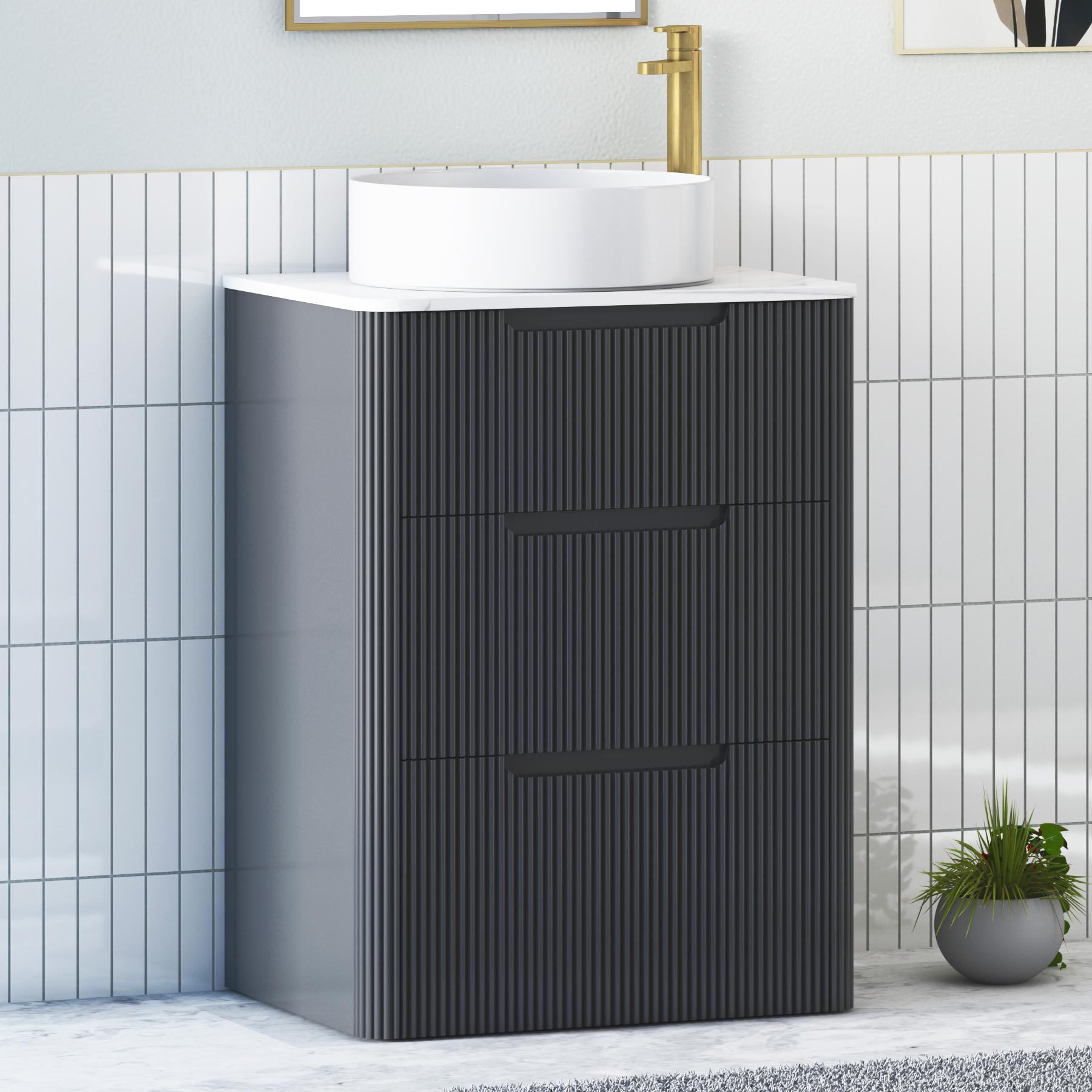 Avenza Matt Obsidian Black 3 Drawer Floor Standing Vanity Unit with Carrara White Undrilled Worktop & Various Countertop Basins
