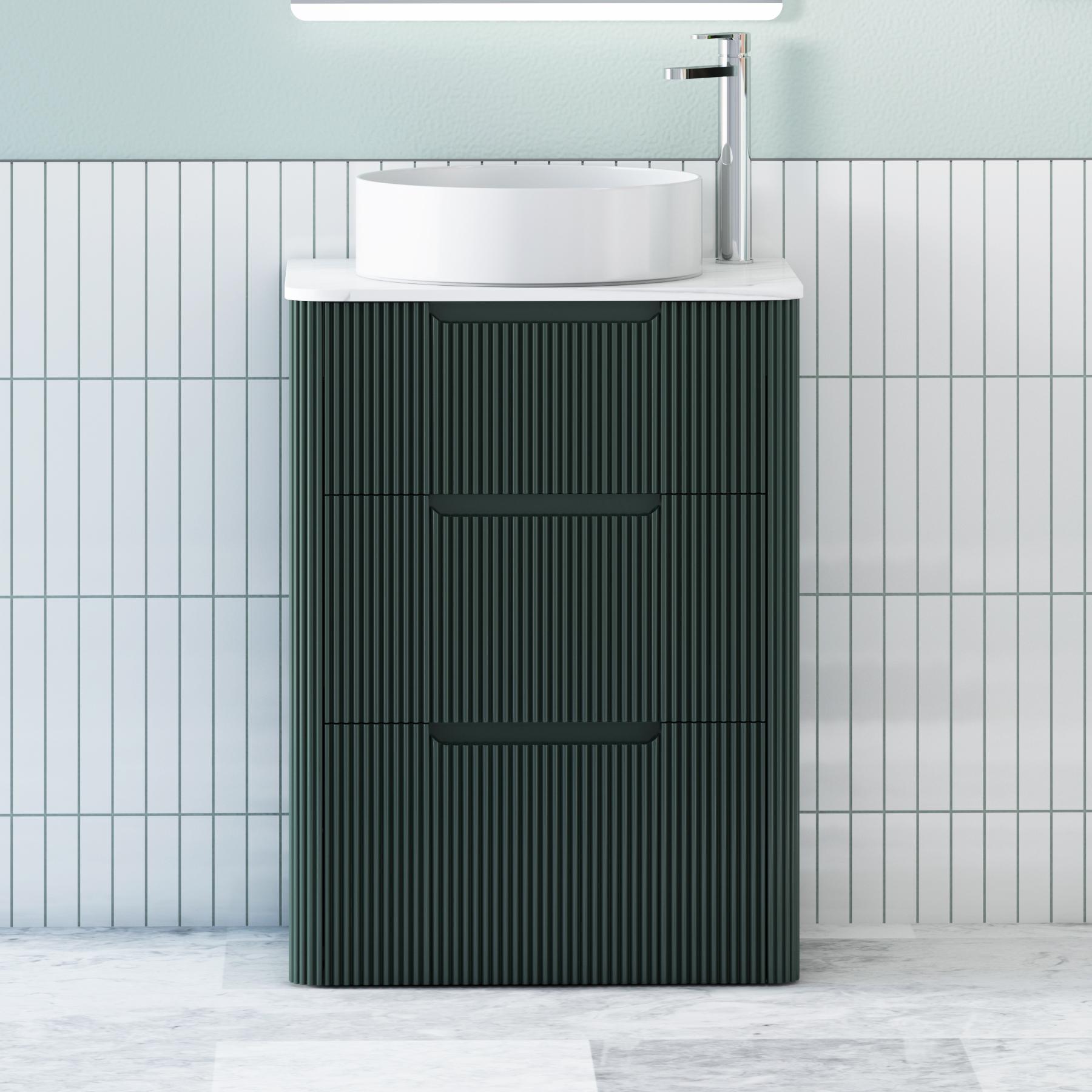 Avenza Deep Moss Green 3 Drawer Floor Standing Vanity Unit with Carrara White Undrilled Worktop & Various Countertop Basins