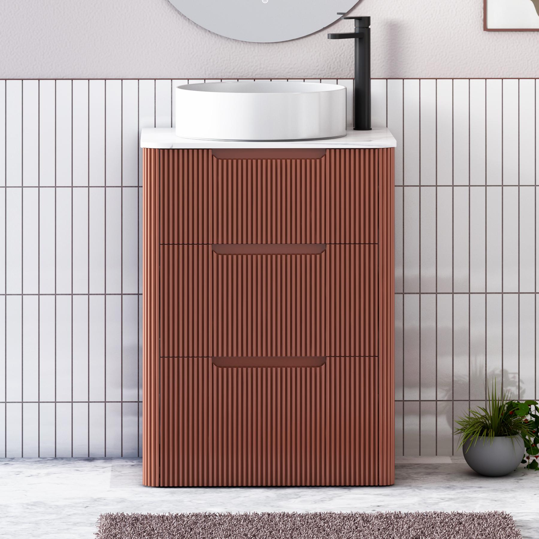 Avenza Terracotta Clay 3 Drawer Floor Standing Vanity Unit with Carrara White Undrilled Worktop & Various Countertop Basins