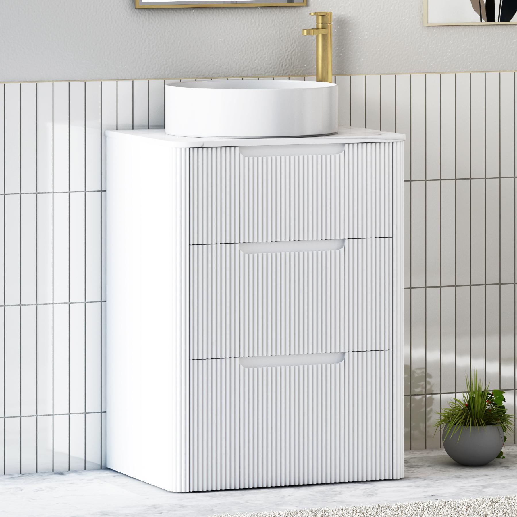 Avenza Matt White 3 Drawer Floor Standing Vanity Unit with Carrara White Undrilled Worktop & Various Countertop Basins