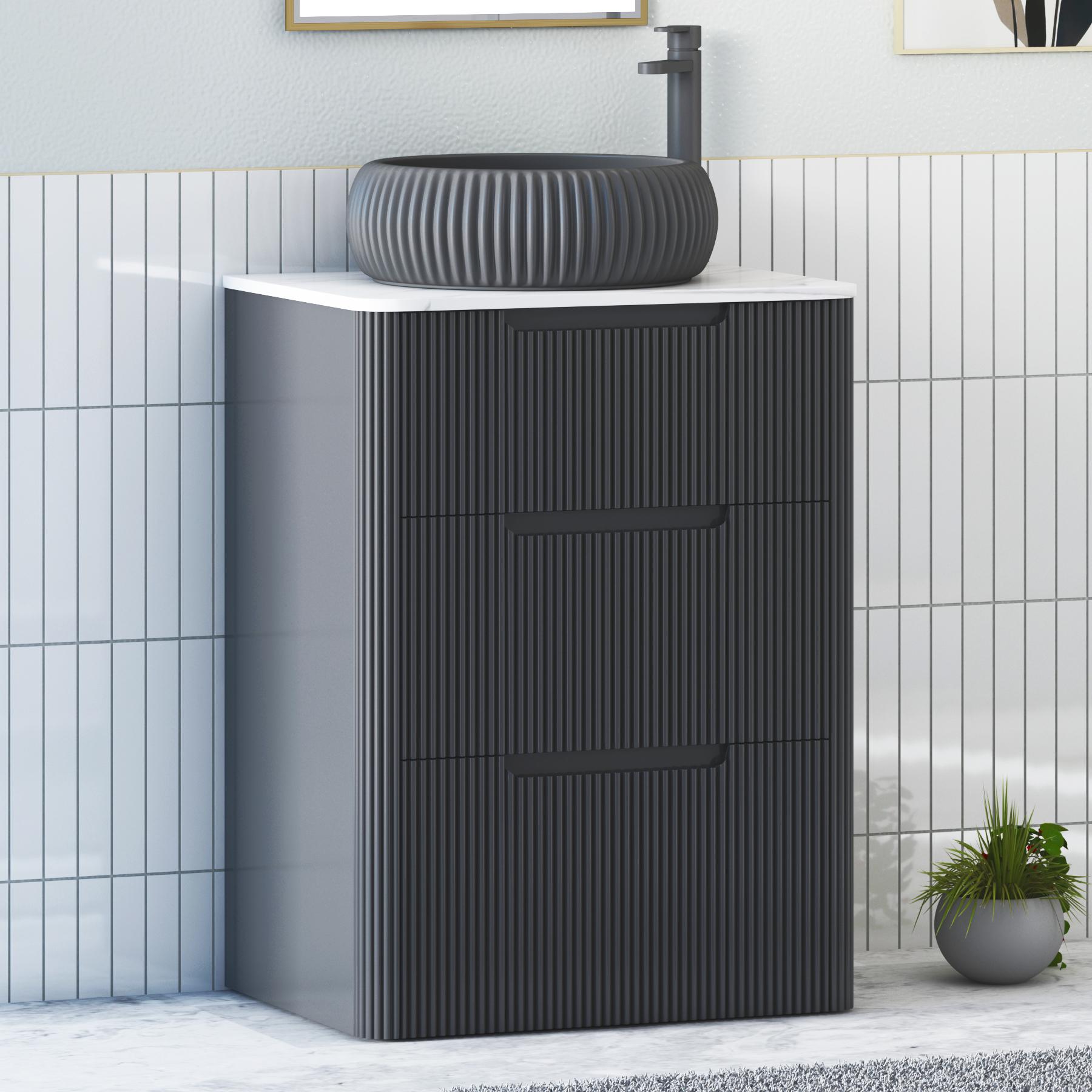 Avenza Matt Obsidian Black 3 Drawer Floor Standing Vanity Unit with Carrara White Undrilled Worktop & Various Countertop Basins