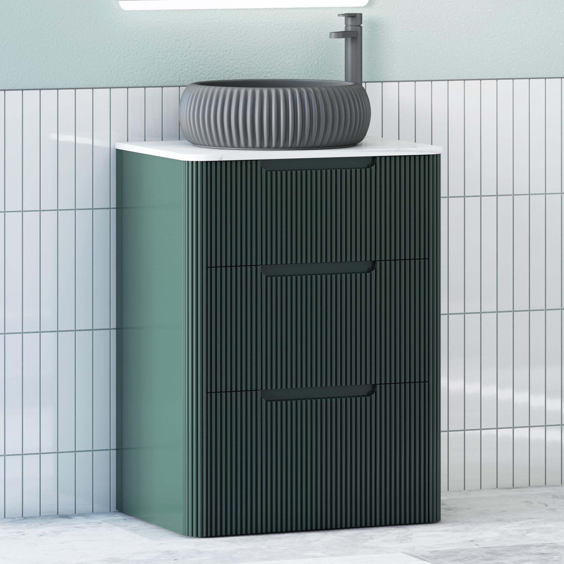 Avenza Deep Moss Green 3 Drawer Floor Standing Vanity Unit with Carrara White Undrilled Worktop & Various Countertop Basins