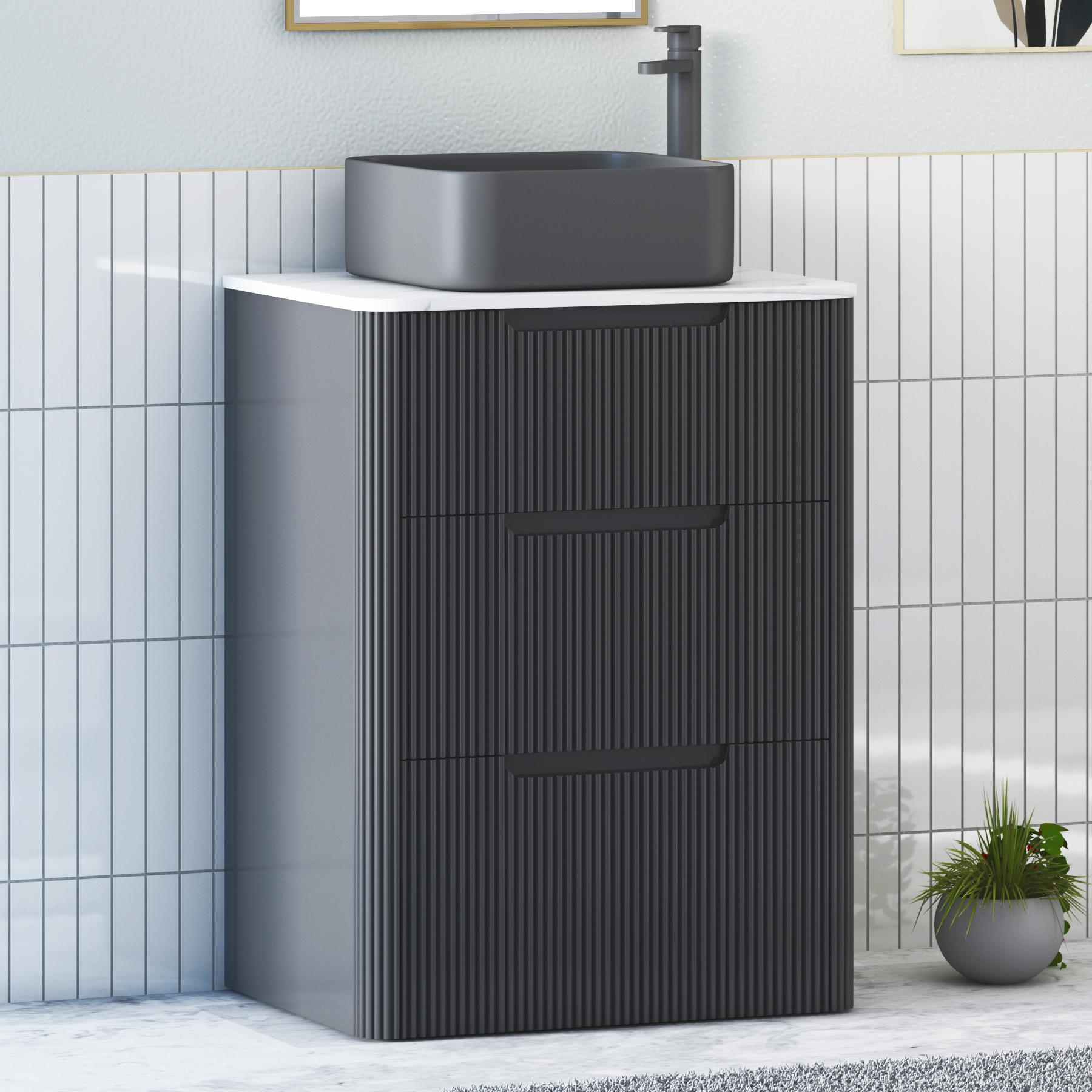 Avenza Matt Obsidian Black 3 Drawer Floor Standing Vanity Unit with Carrara White Undrilled Worktop & Various Countertop Basins
