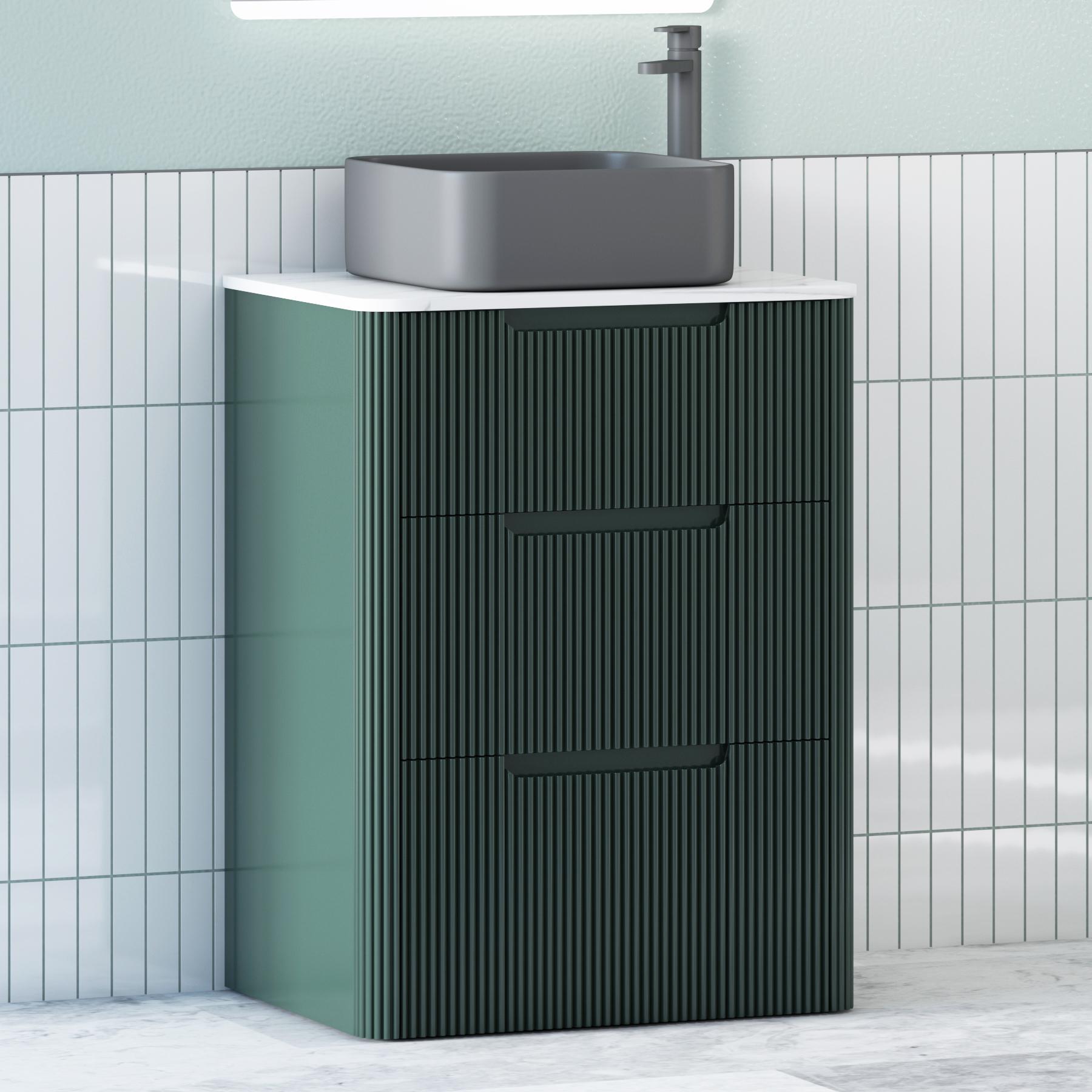 Avenza Deep Moss Green 3 Drawer Floor Standing Vanity Unit with Carrara White Undrilled Worktop & Various Countertop Basins