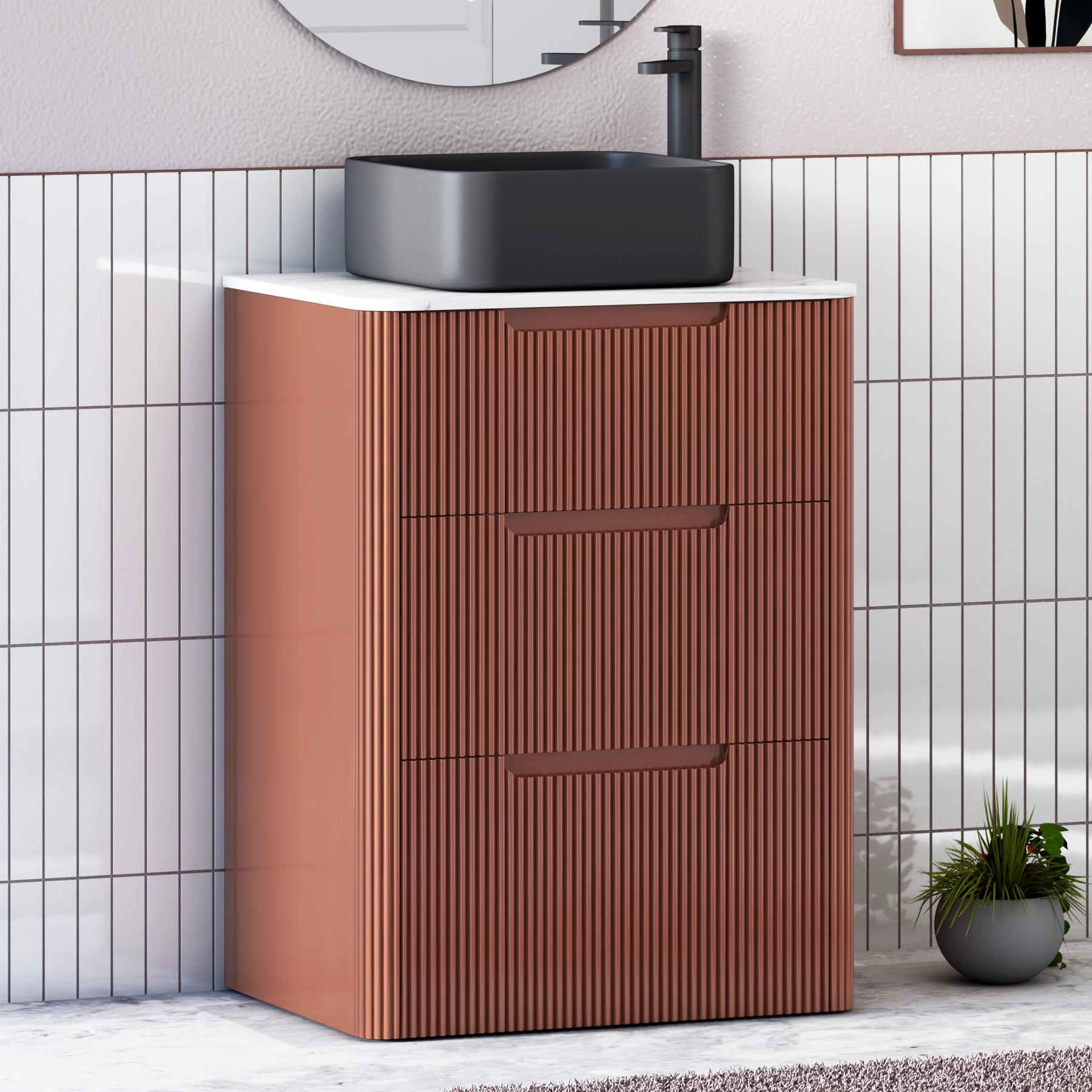 Avenza Terracotta Clay 3 Drawer Floor Standing Vanity Unit with Carrara White Undrilled Worktop & Various Countertop Basins