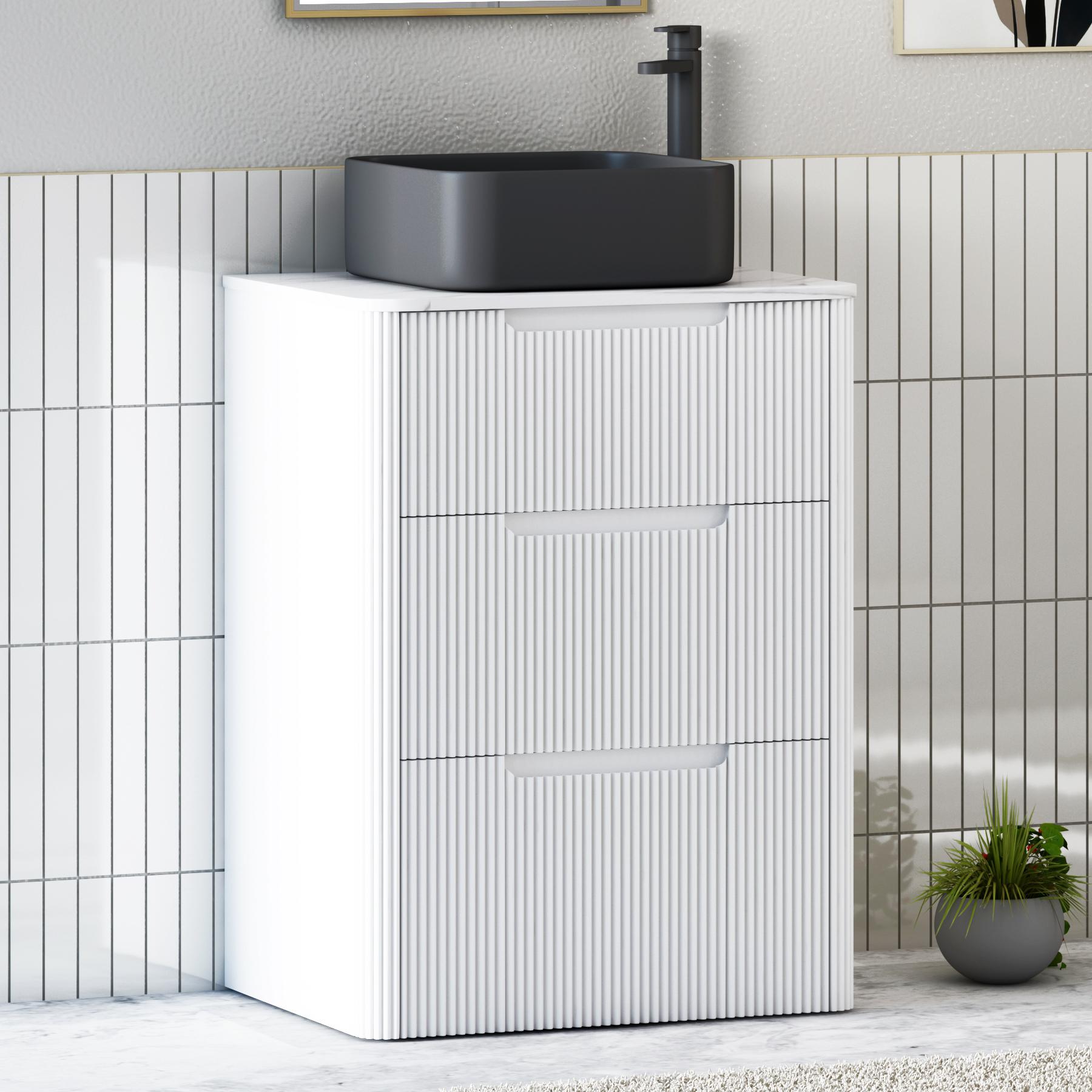 Avenza Matt White 3 Drawer Floor Standing Vanity Unit with Carrara White Undrilled Worktop & Various Countertop Basins