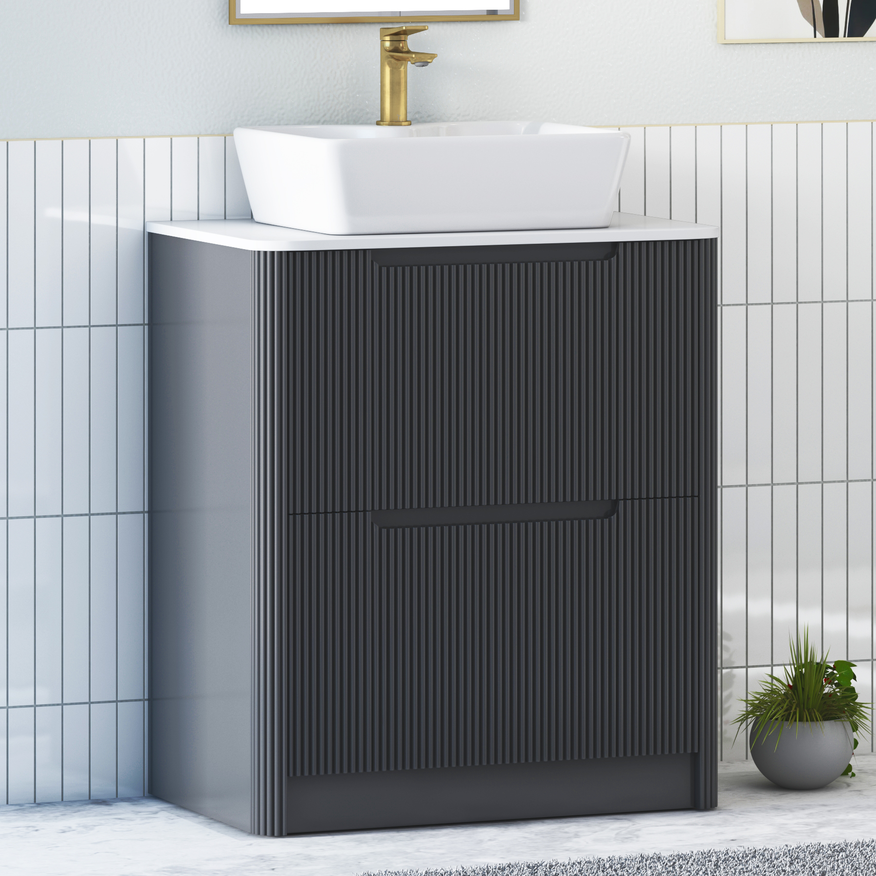 Avenza Matt Obsidian Black Floor Standing Vanity Unit 2 Drawer with Plain White Worktop & Multiple Basins